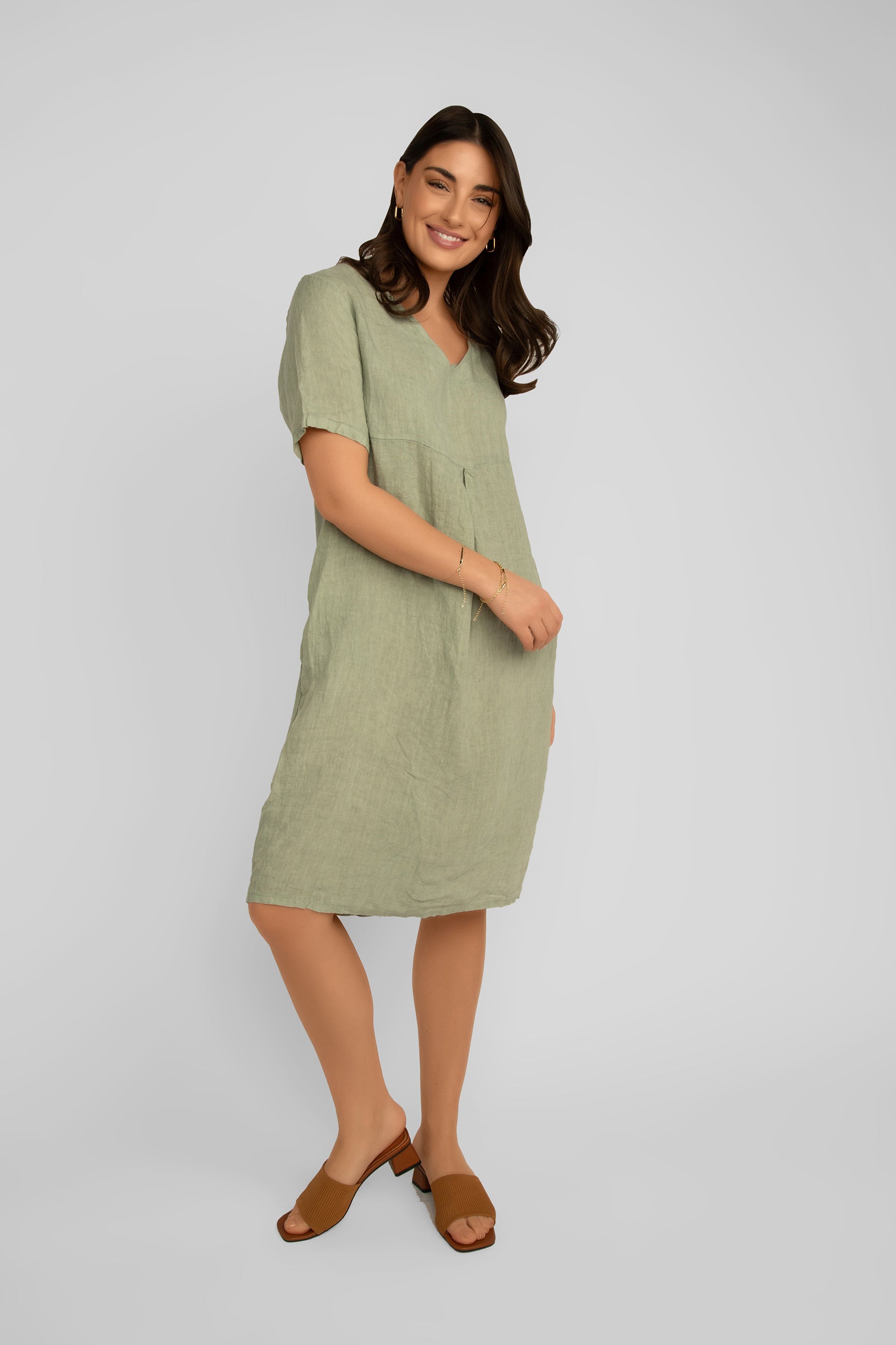 Elissia (CM60980) Women's Knee Length Short Sleeve Linen Blend High Waisted Dress in Olive