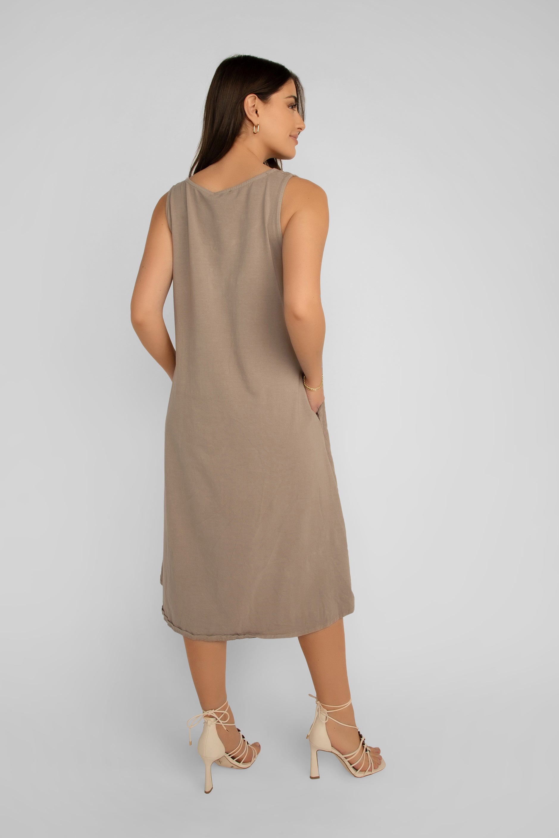 Back view of Elissia (CM60996) Women's Midi Length Linen & Cotton Blend Day Dress with Pockets in Taupe