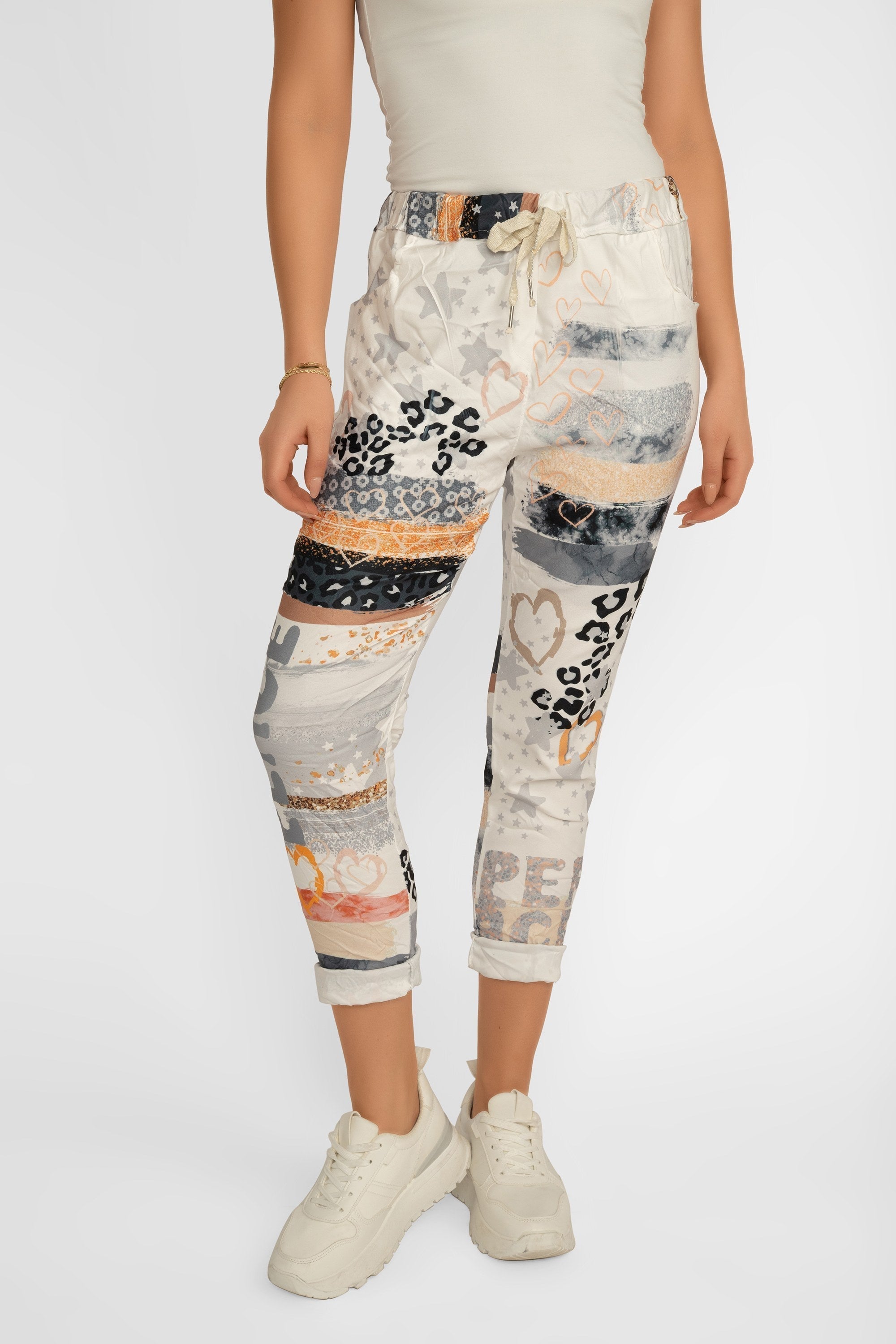 Bella Amore Women's Cropped Multi Print Pull-On Pants in a grey and multicoloured patchwork print