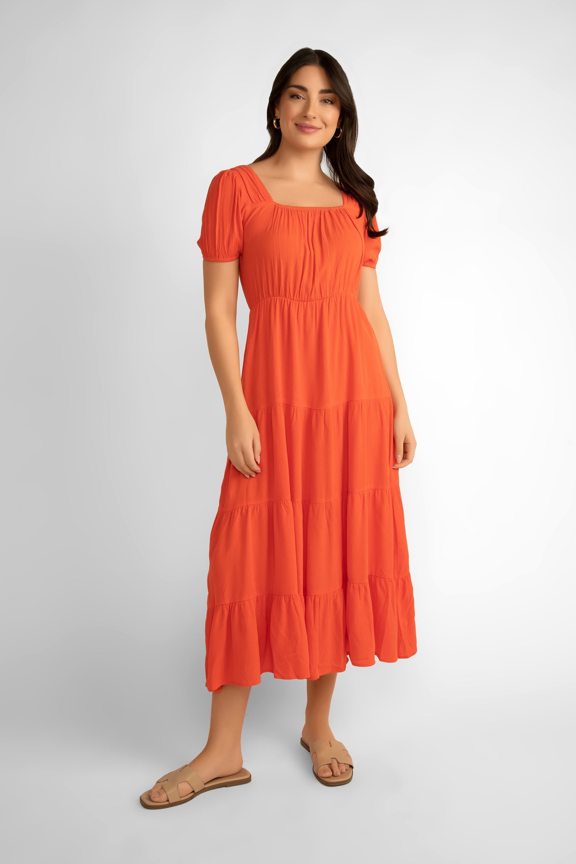 Pink Martini (DR-230524) Women's Square Neck, Short Puff Sleeve Tiered Midi Dress in Orange