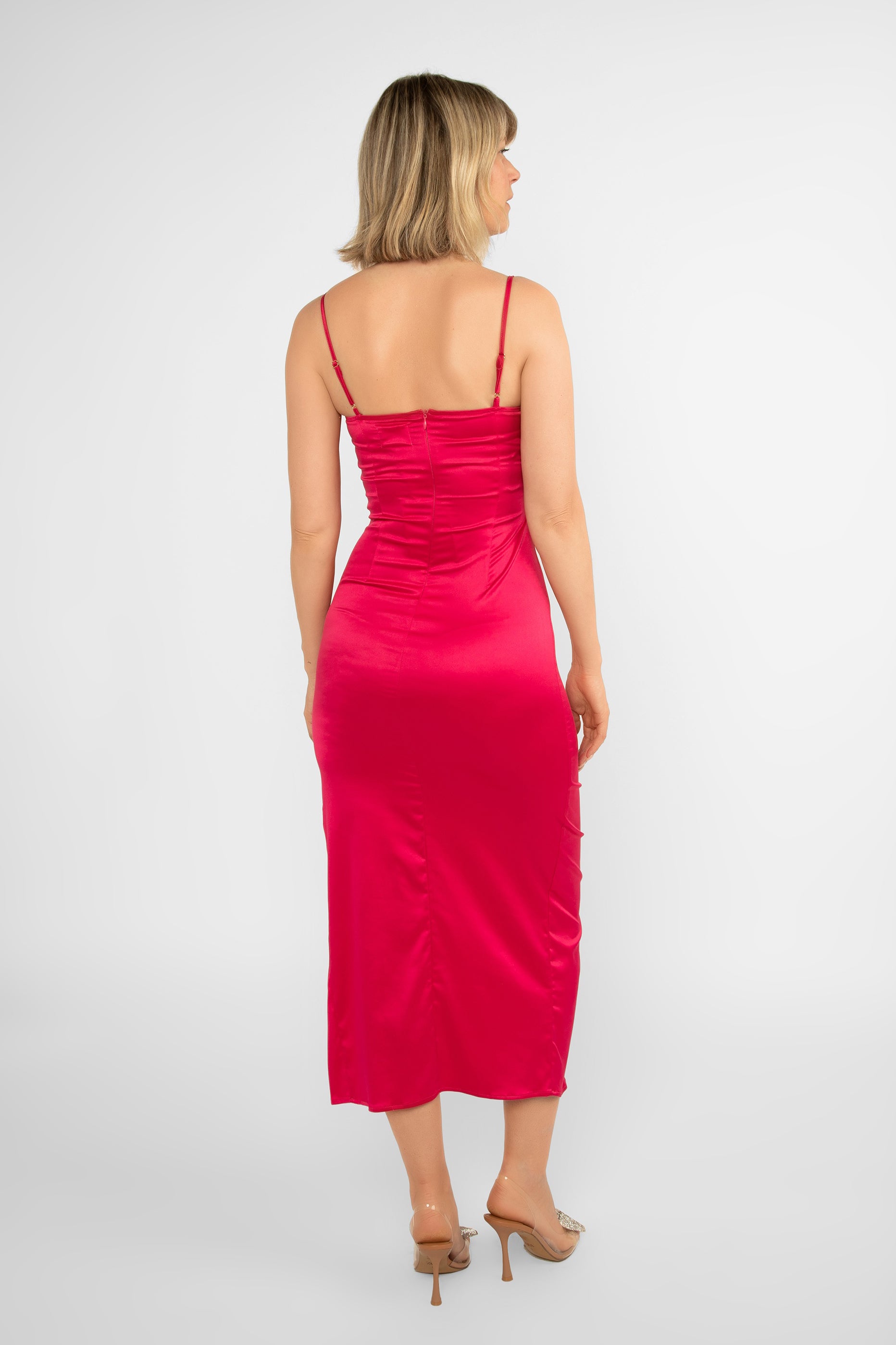 Back view of LATE (DR-2918400) Monica Dress - Satin Midi Body Con Dress with High Side split and curve accentuating ruching in hot pink