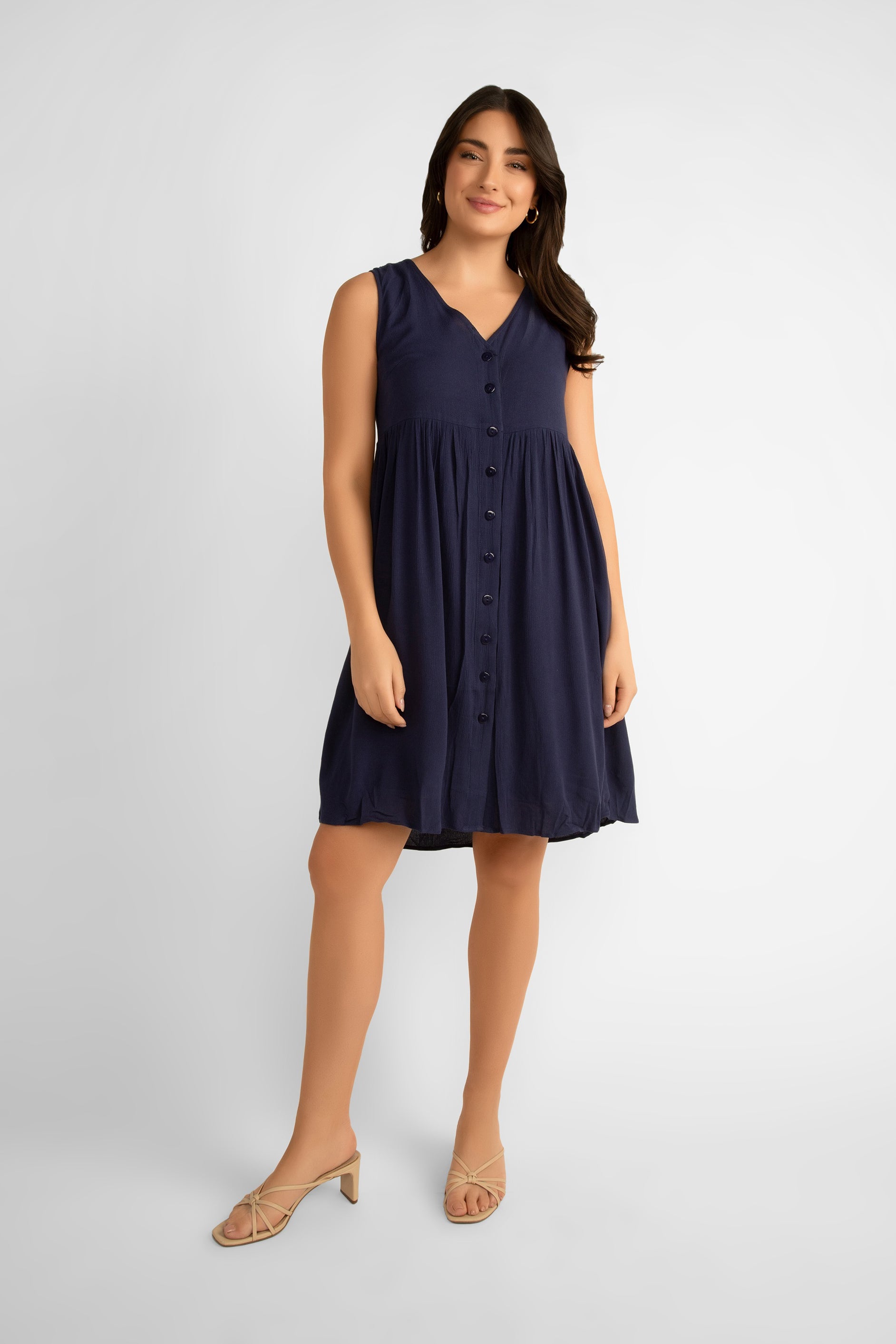 Pink Martini (DR-230524) Pheobe Dress - Button Front Sleeveless Above the Knee Dress in Navy