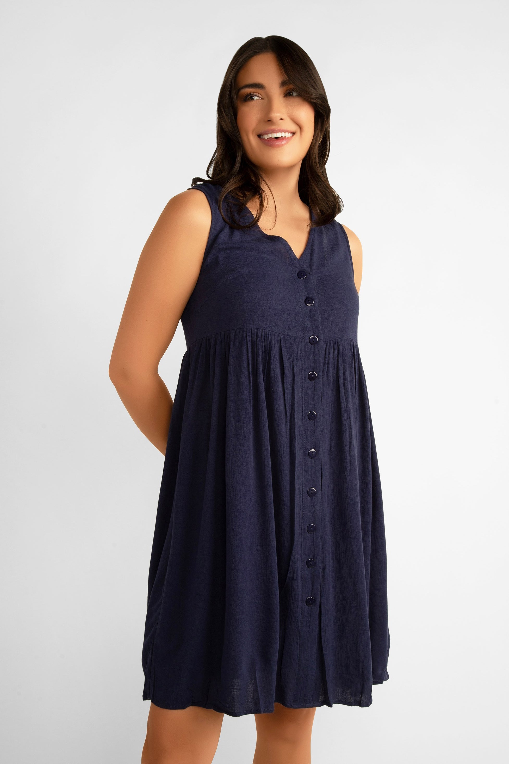 Pink Martini (DR-230524) Pheobe Dress - Button Front Sleeveless Above the Knee Dress in Navy