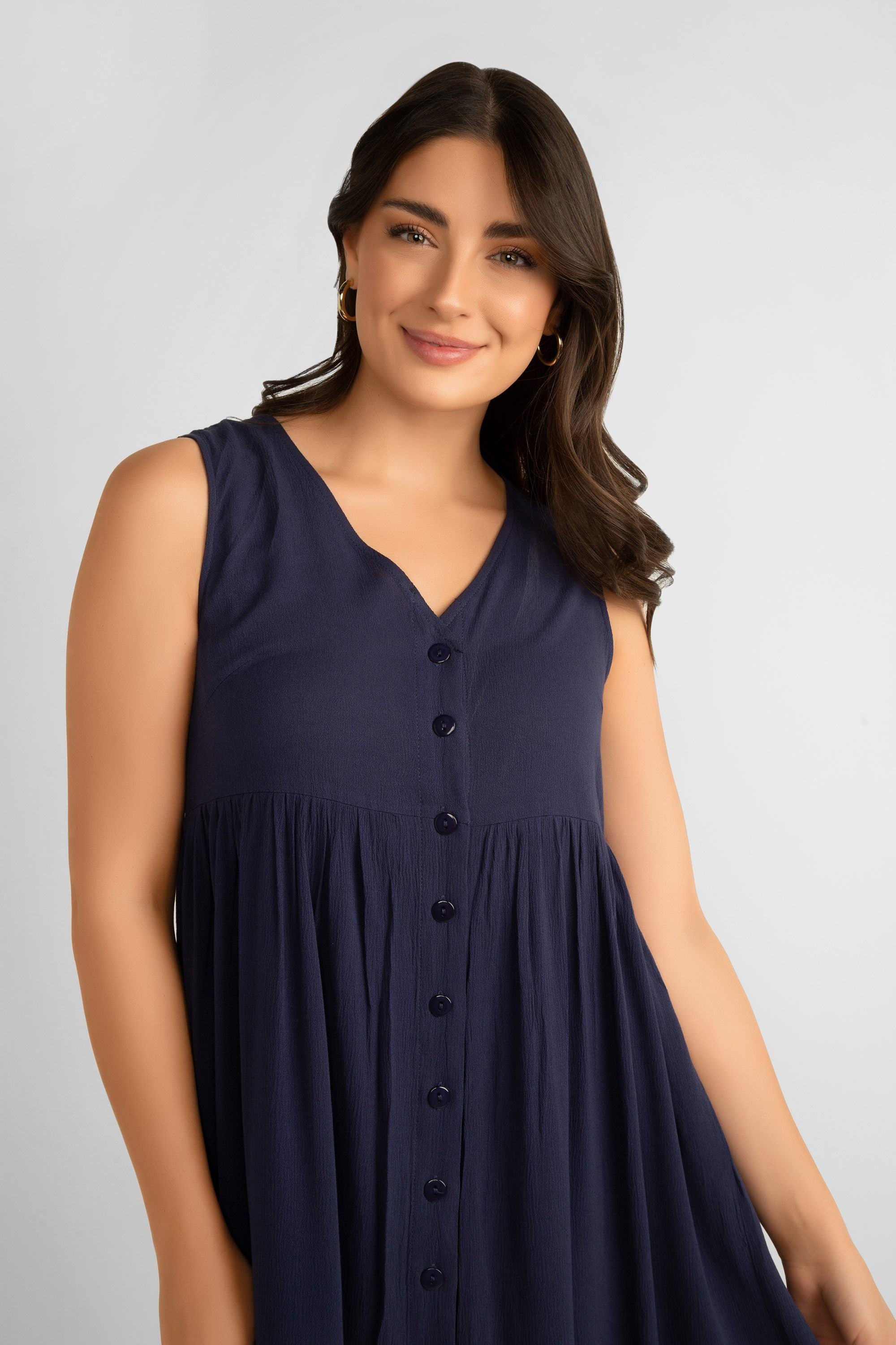Pink Martini (DR-230524) Pheobe Dress - Button Front Sleeveless Above the Knee Dress in Navy