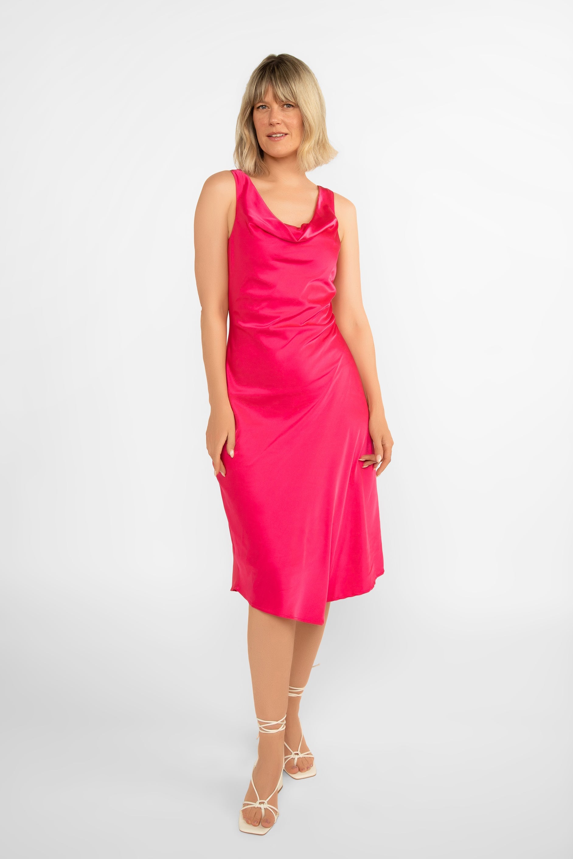 LATE (DR-6918391) Women's Sleeveless Cowlneck Fit and Flare Satin Midi Dress in Pink