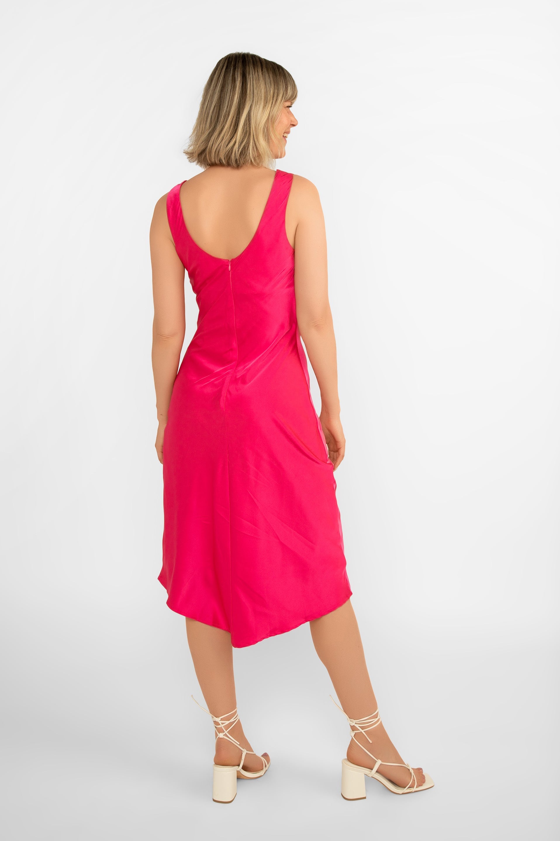 Back view of LATE (DR-6918391) Women's Sleeveless Cowlneck Fit and Flare Satin Midi Dress in Pink