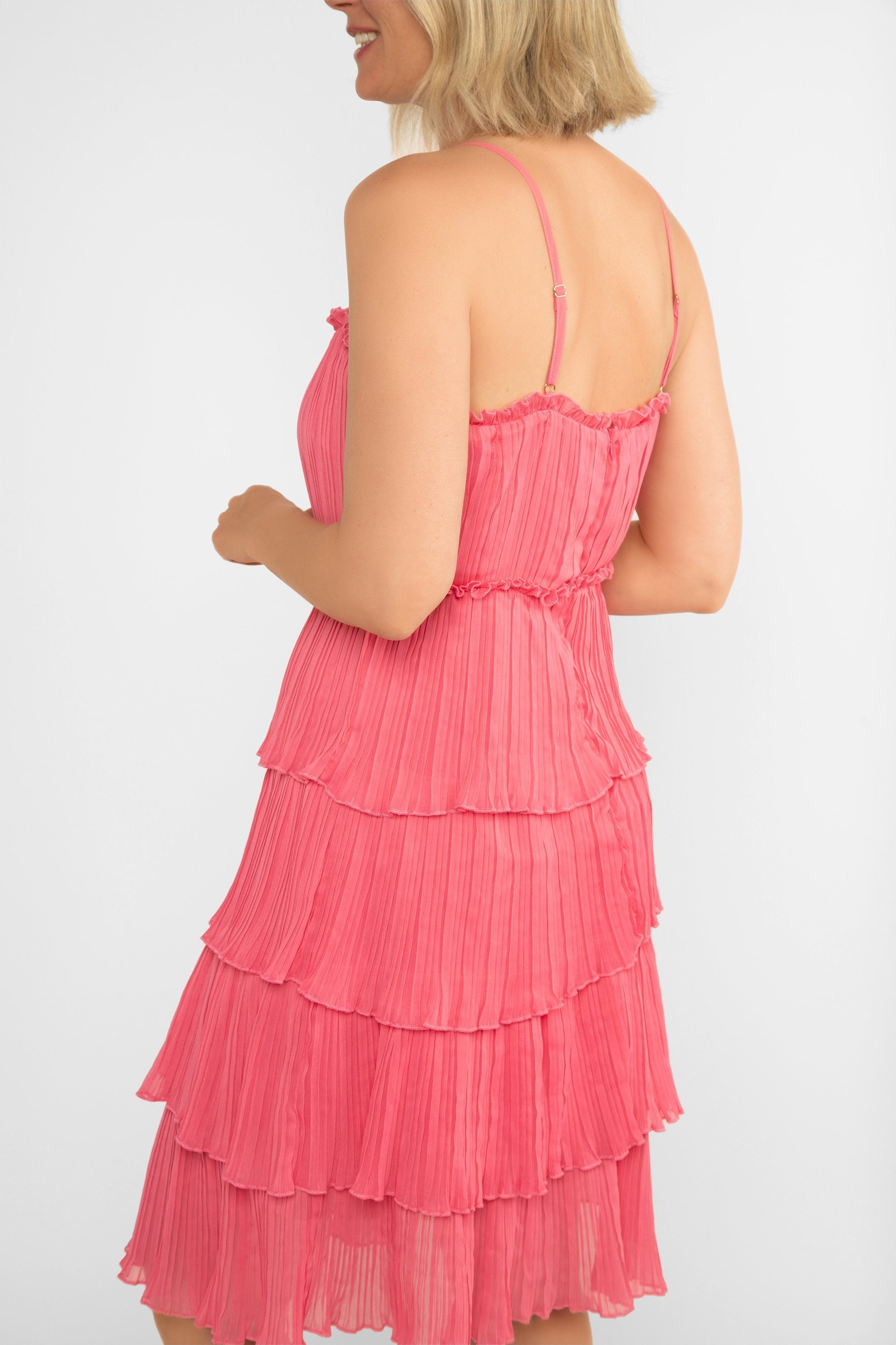 Back view of LATE (DR-6918391) Nikita Dress - Women's Sleeveless with Spaghetti Strap Knee Length Dress - lined pleated chiffon, layered knee length skirt in Pink