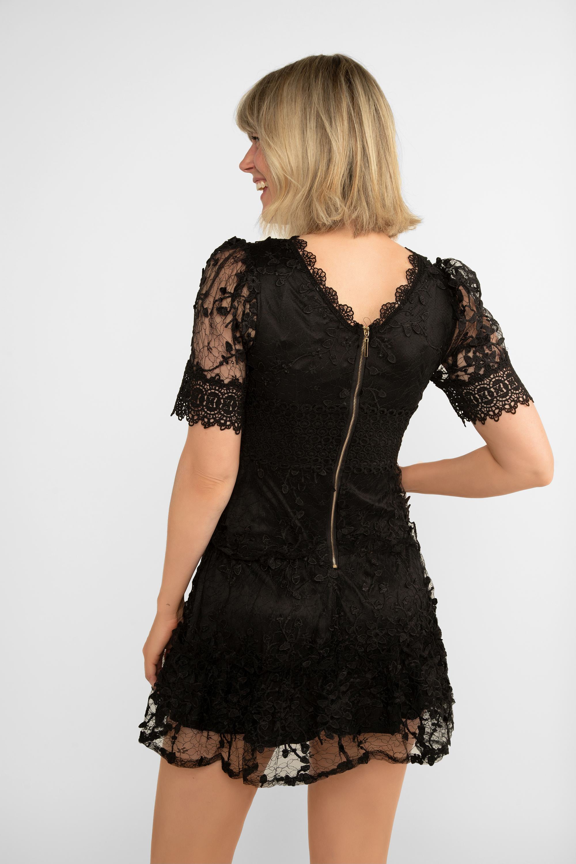 Back view of LATE (DR-6918473) Cindy Dress - Women's Short Sleeve, V-neck, Lace Mini Dress in Black