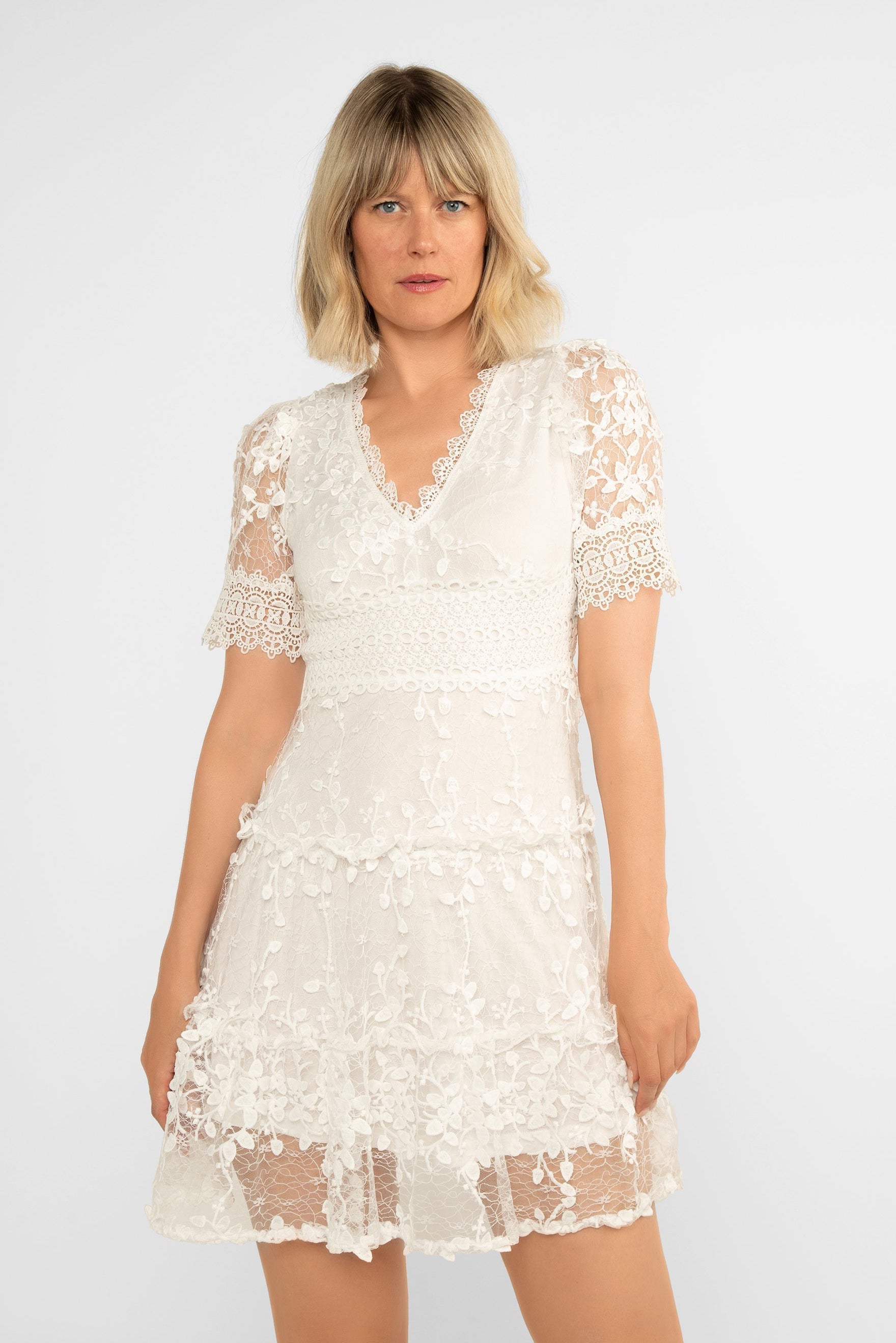 Front view of LATE (DR-6918473) Cindy Dress - Women's Short Sleeve, V-neck, Lace Mini Dress in White