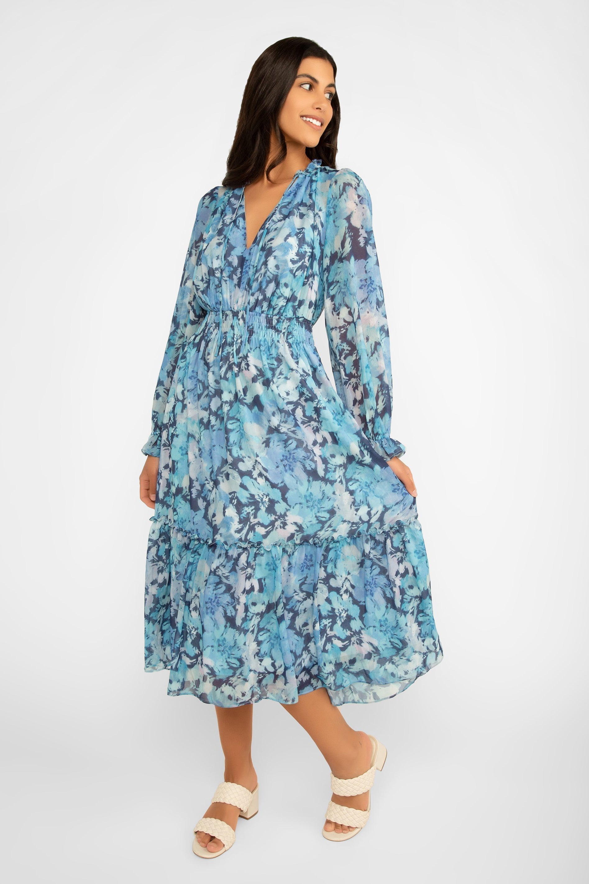 Lucy Paris (DR2100) Women's Long Sleeve Blue Printed Chiffon Midi Dress