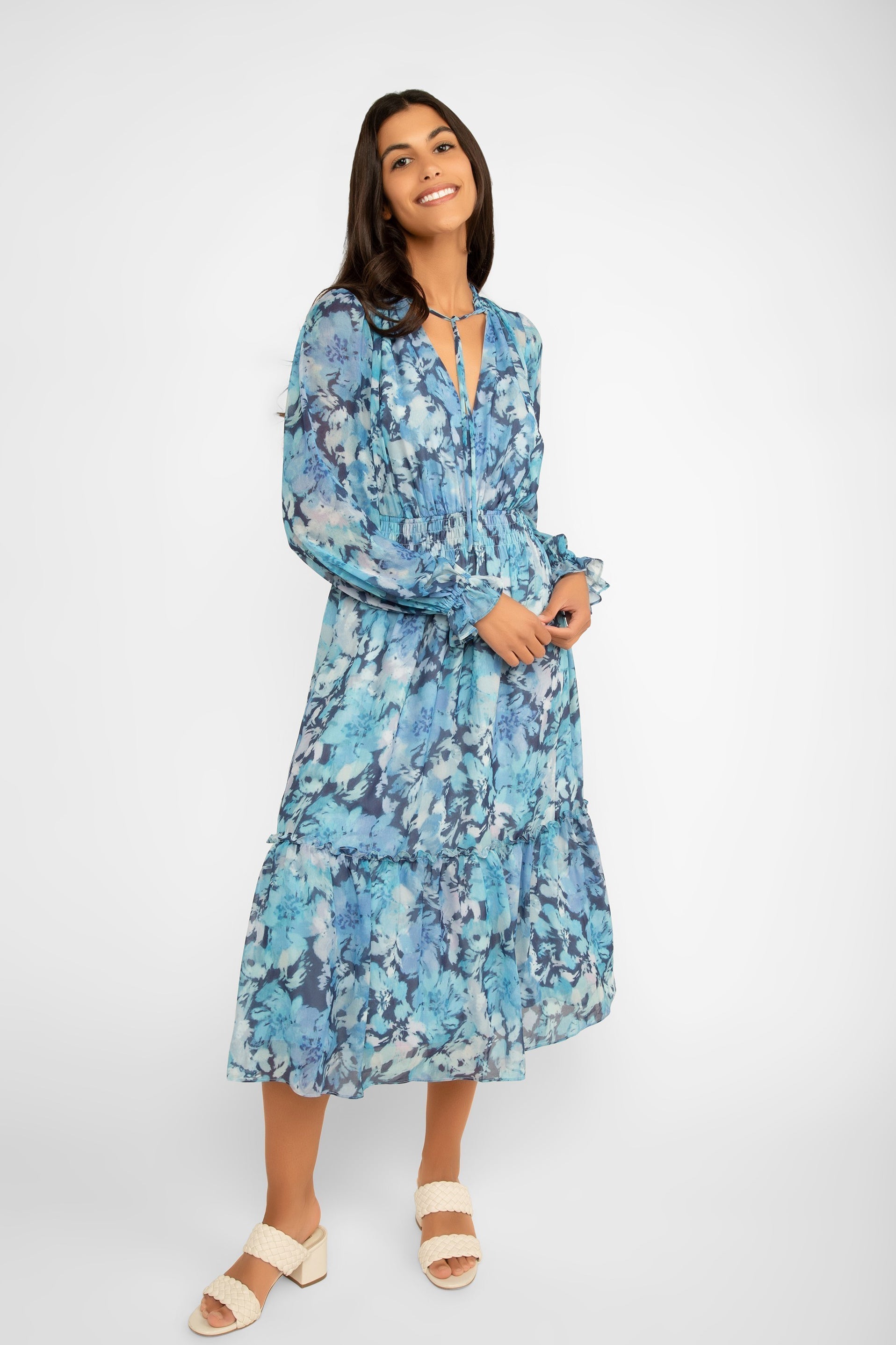 Long Sleeve Blue Printed Chiffon Dress