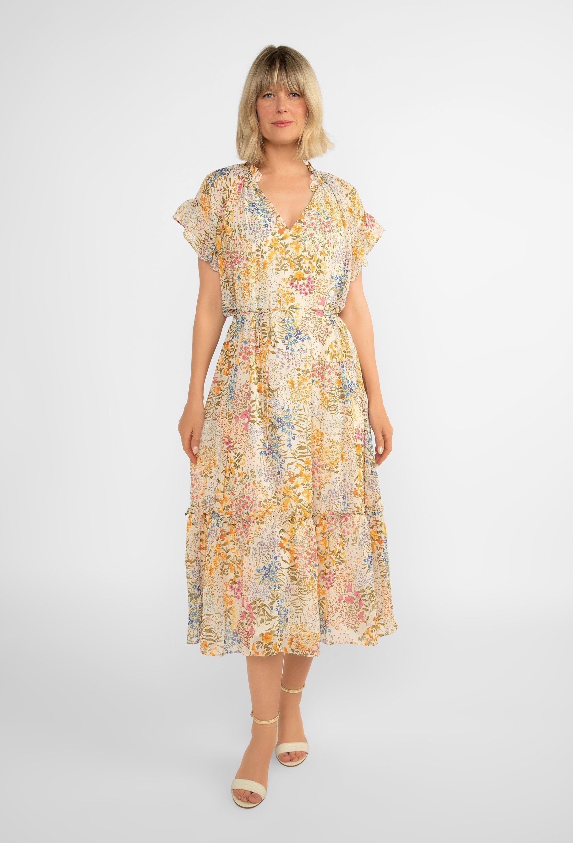 Short Sleeve Yellow Floral Midi Dress