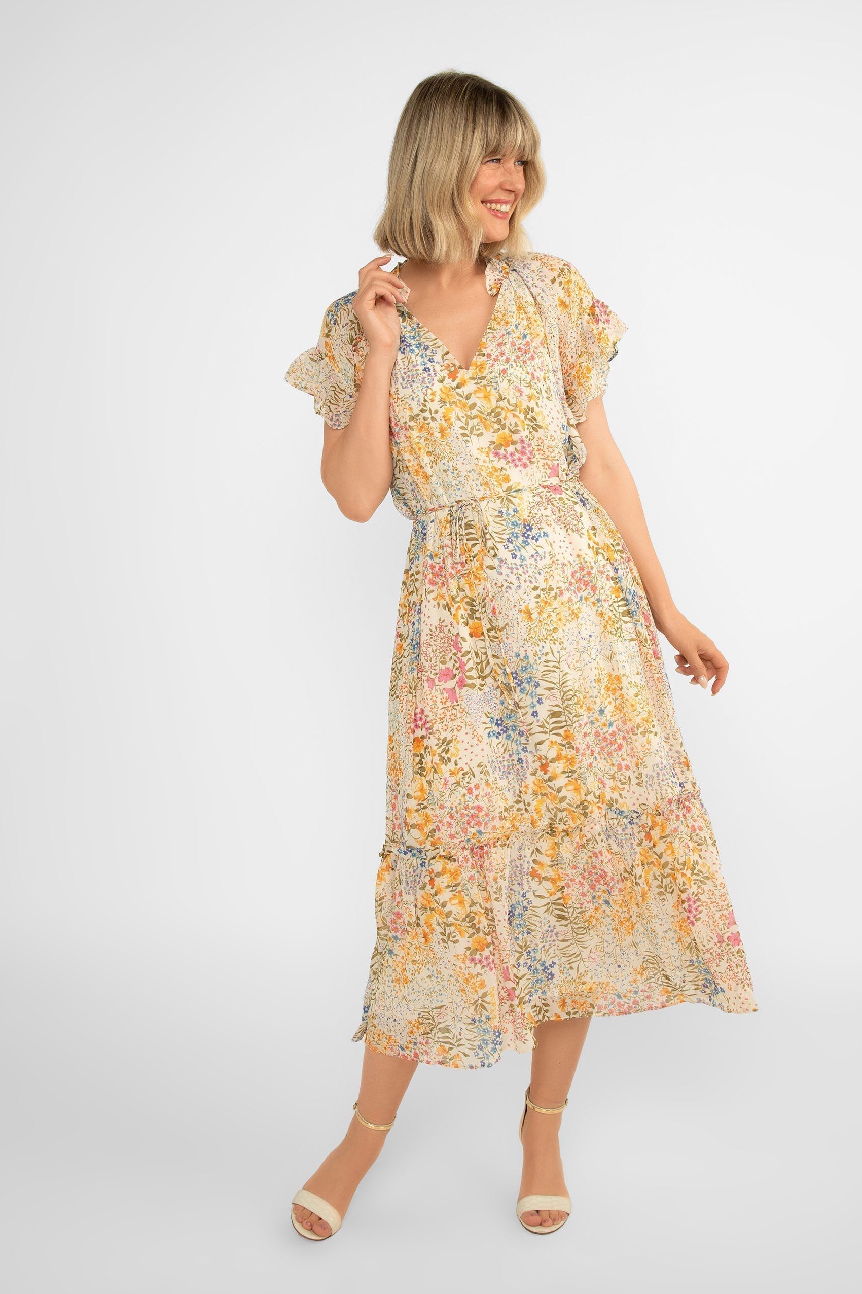 Short Sleeve Yellow Floral Midi Dress