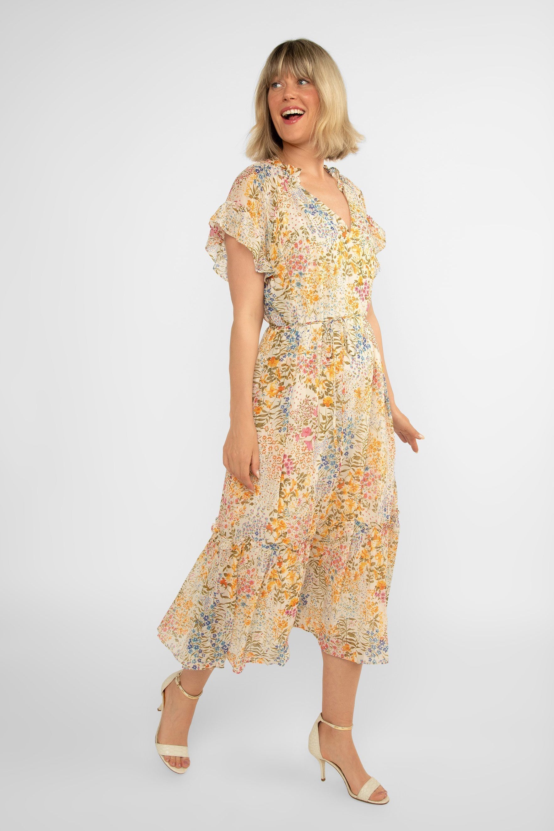 Short Sleeve Yellow Floral Midi Dress