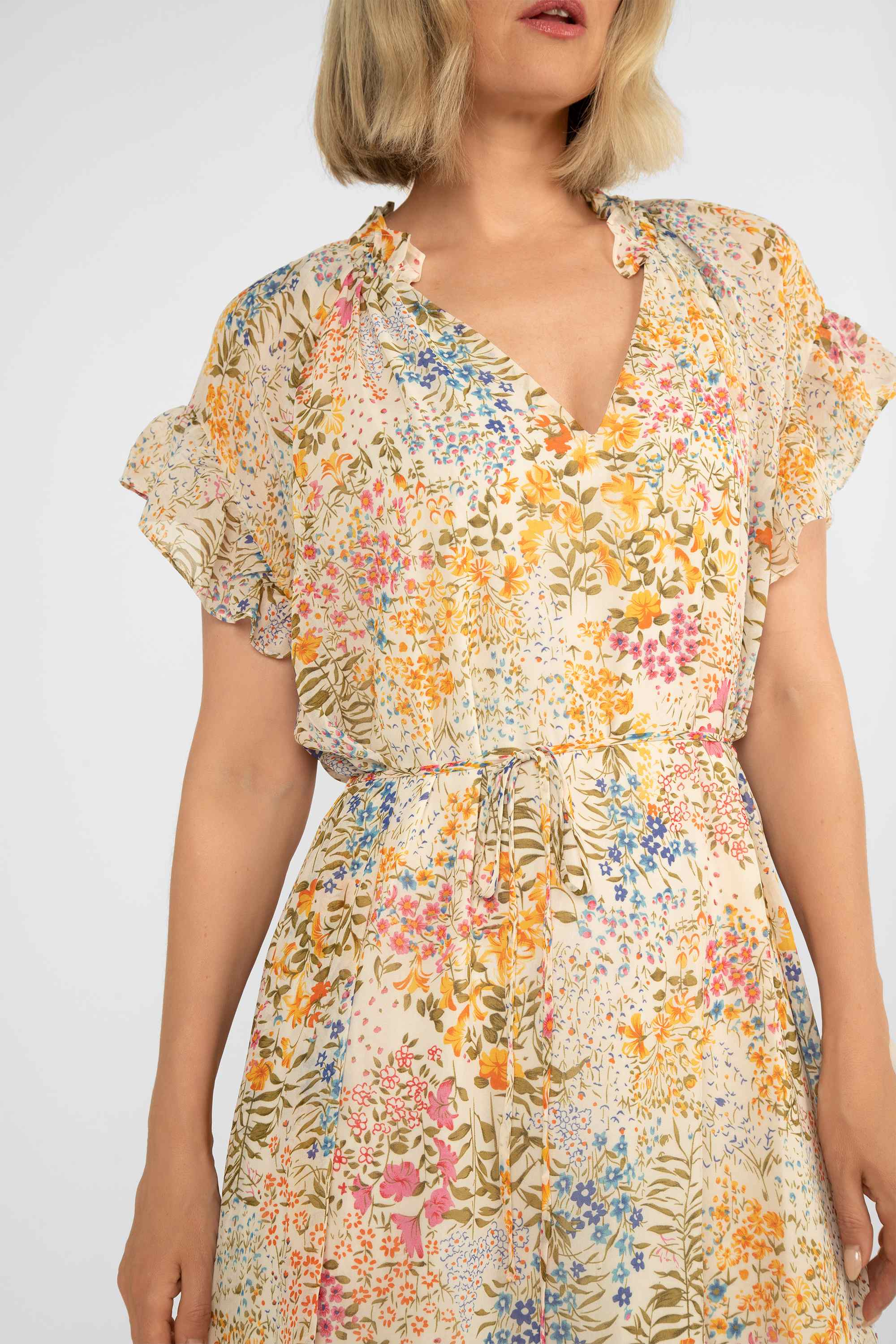 Short Sleeve Yellow Floral Midi Dress