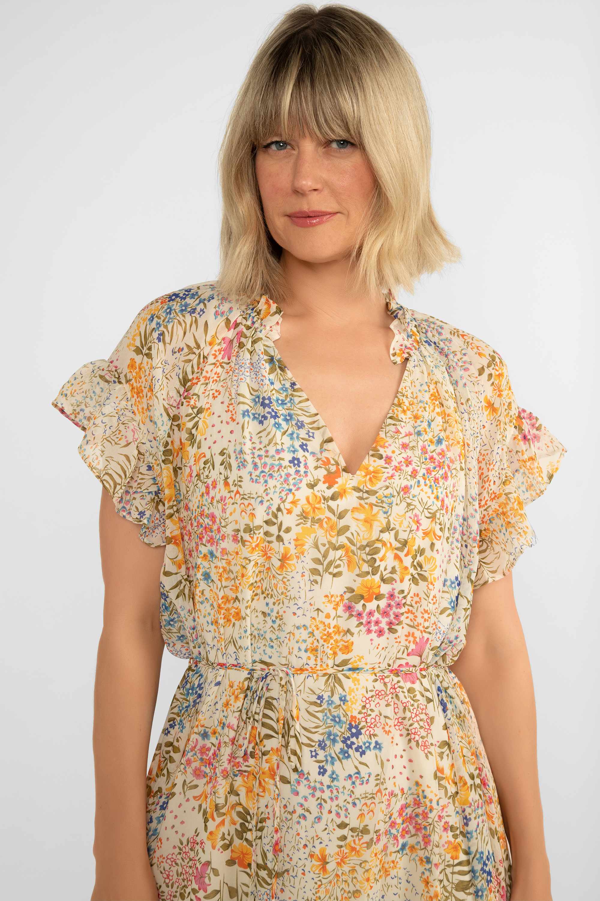 Short Sleeve Yellow Floral Midi Dress