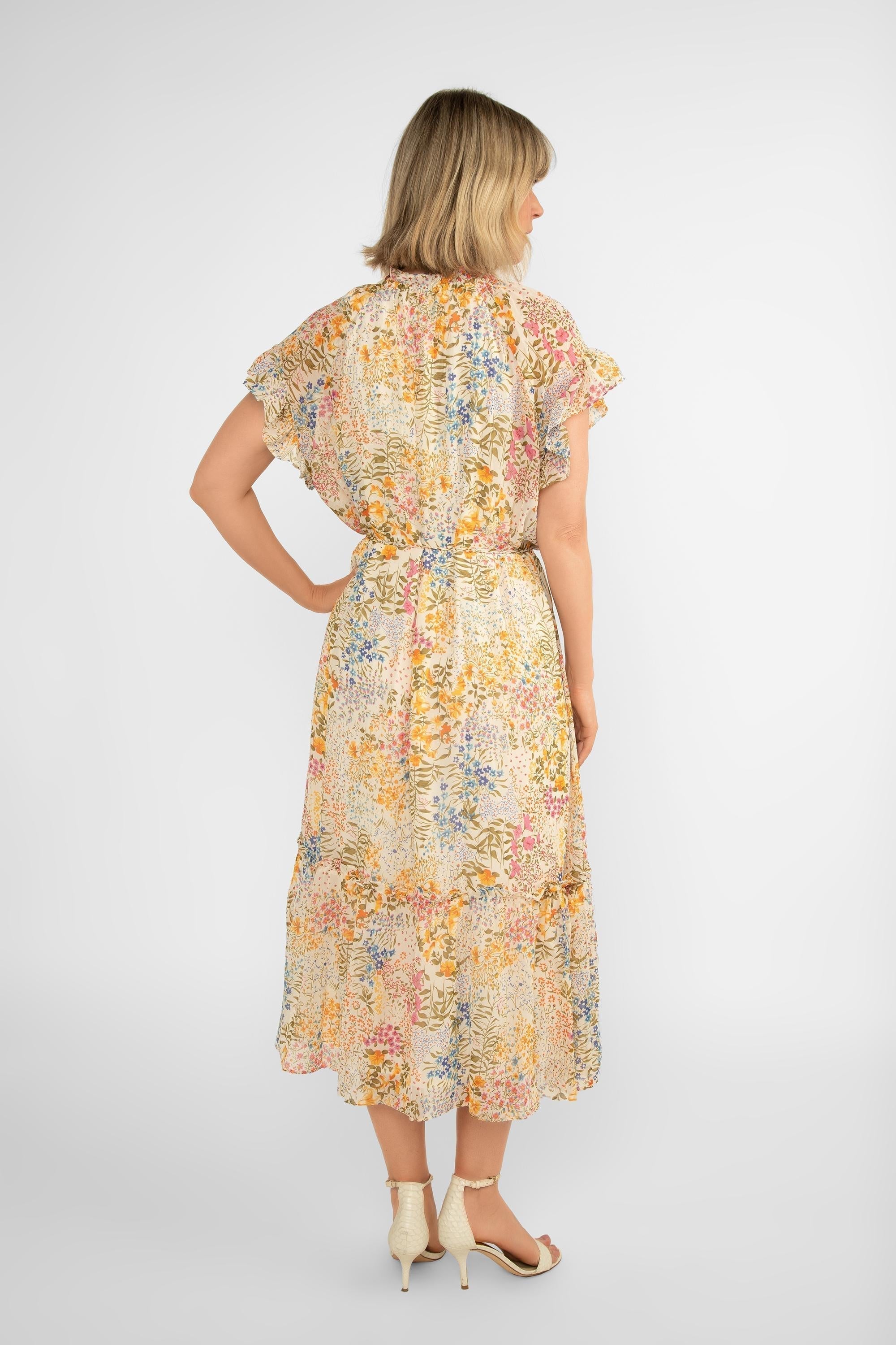 Short Sleeve Yellow Floral Midi Dress