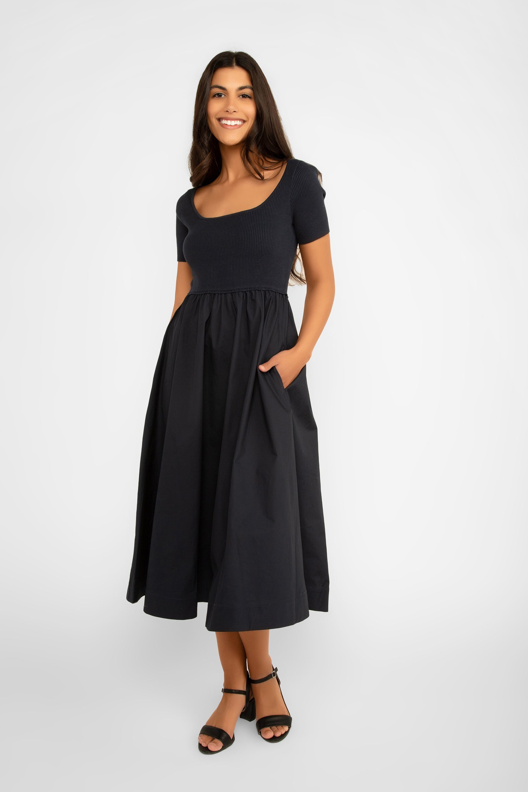 Lucy Paris (DR613) Women's Short Sleeve Scoop Neck A-Line Midi Dress with ribbed knit body and cotton skirt, in navy
