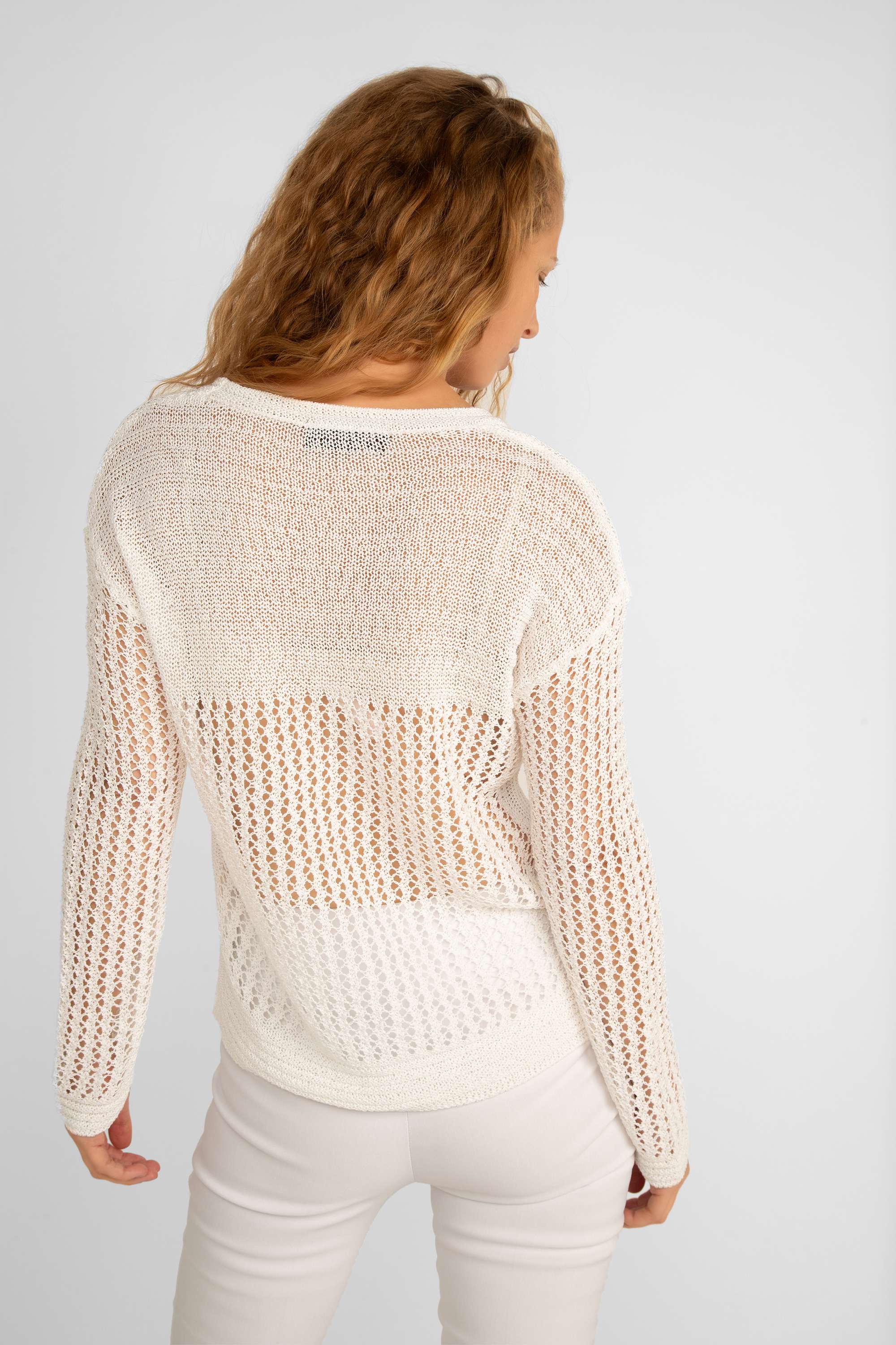 Back view of Elena Wang (EW32045) Women's Long Sleeve Open Cable Stitch Sweater Cover Up in White