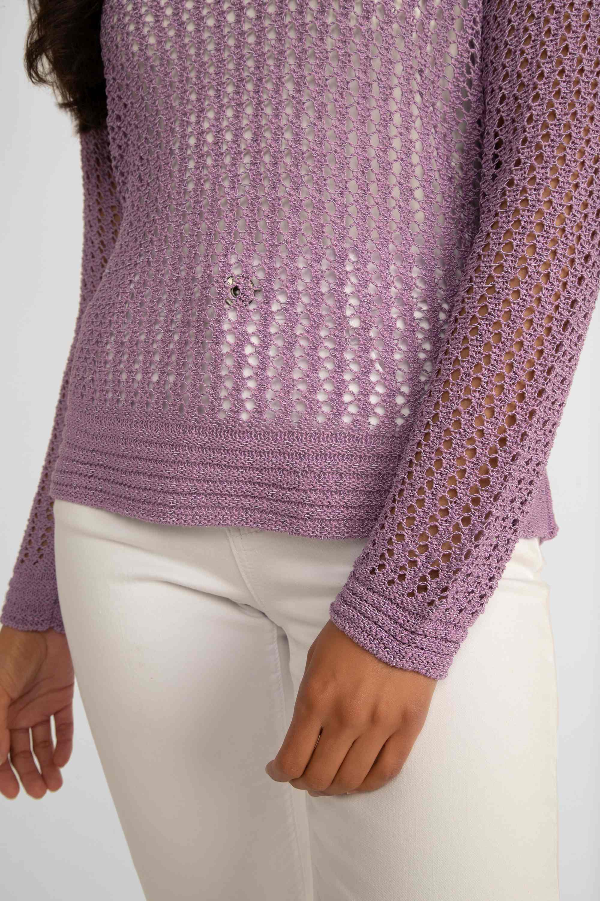 Close up of open stitching on Elena Wang (EW32045) Women's Long Sleeve Open Cable Stitch Sweater Cover Up in ORCHID purple