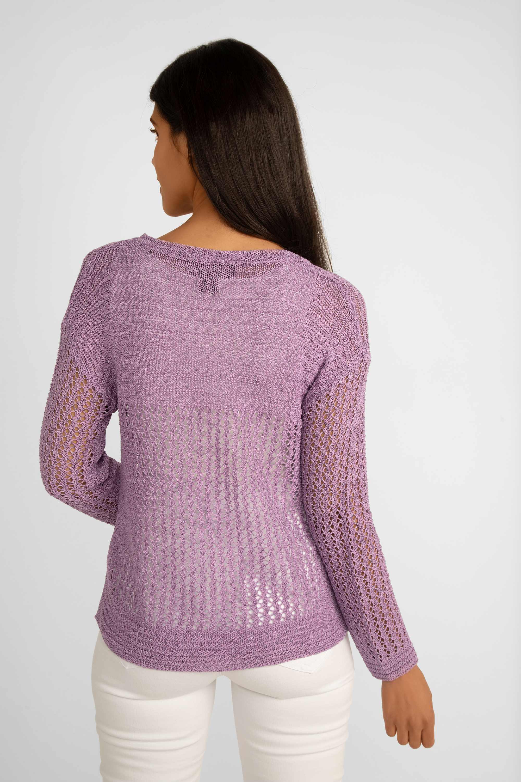 Back view of Elena Wang (EW32045) Women's Long Sleeve Open Cable Stitch Sweater Cover Up in ORCHID purple