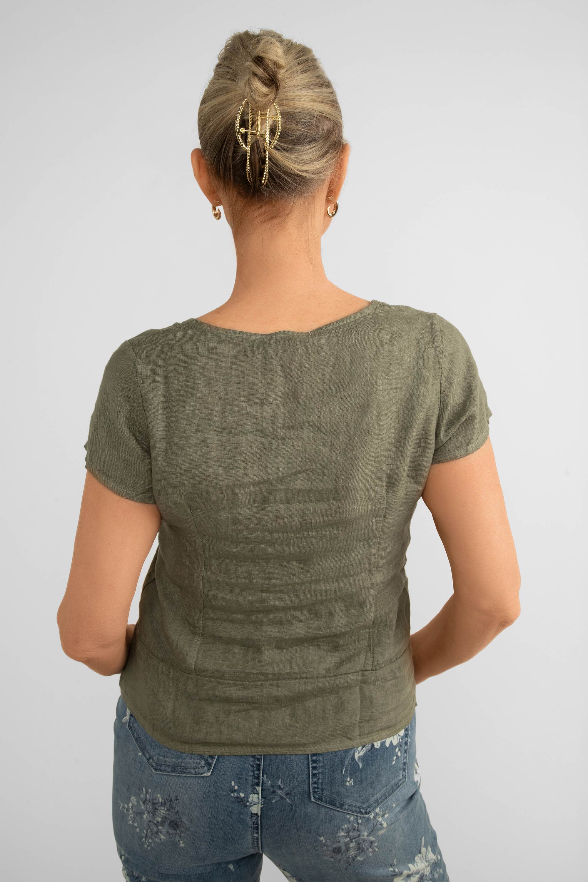 Back view of Me & Gee (F-A1804M-S2) Women's Short Sleeve Round Neck Button Up Linen Top in Military green