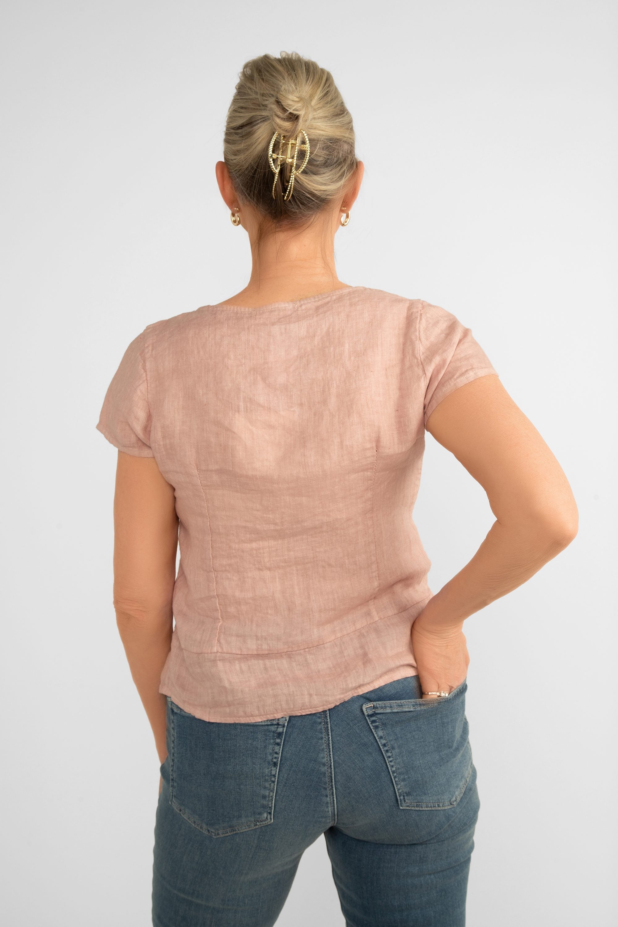 Back view of Me & Gee (F-A1804M-S2) Women's Short Sleeve Round Neck Button Up Linen Top in Rose Pink