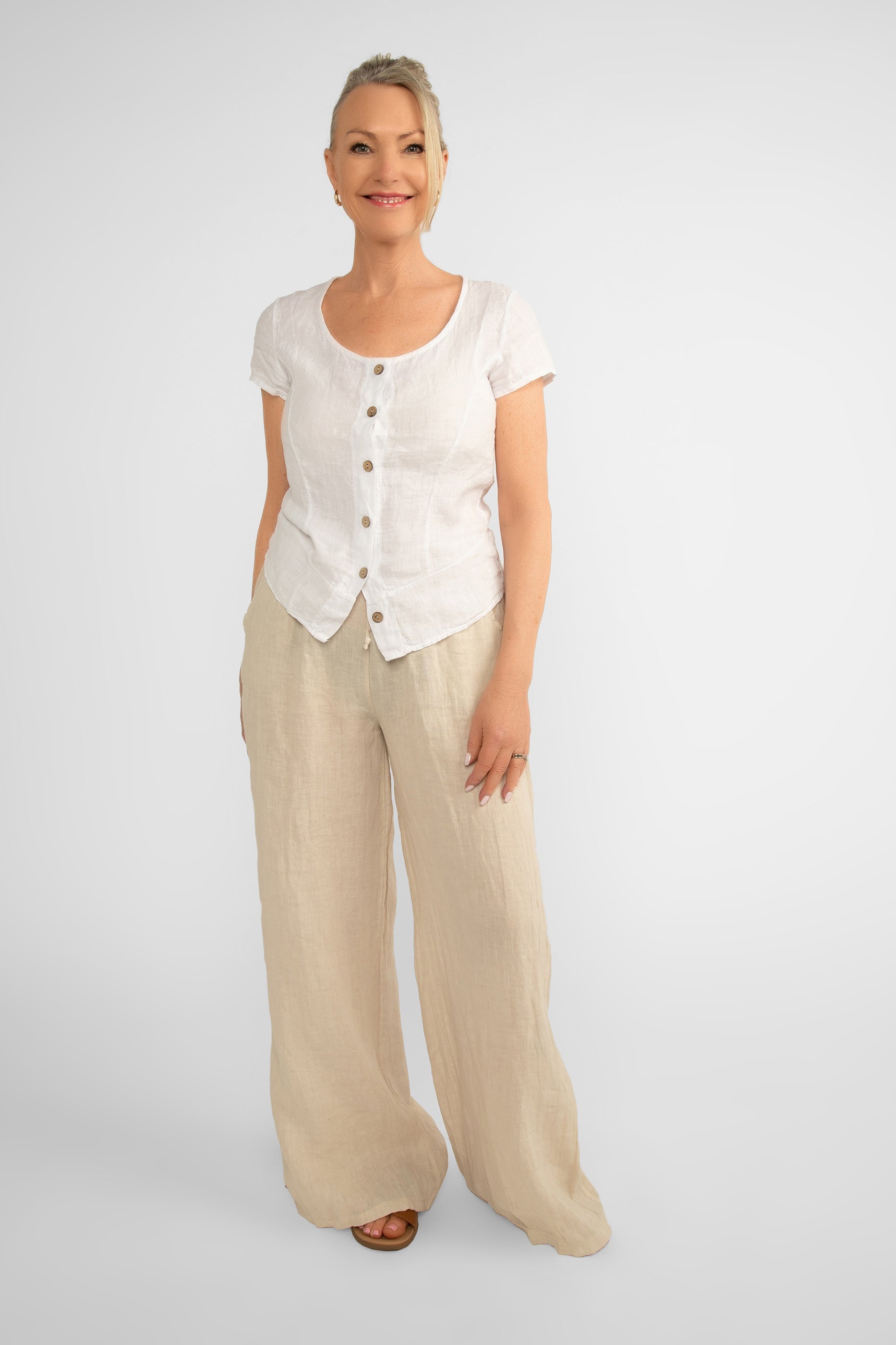 Me & Gee (F-A1804M-S2) Women's Short Sleeve Round Neck Button Up Linen Top in White with Wide Leg Beige Pants