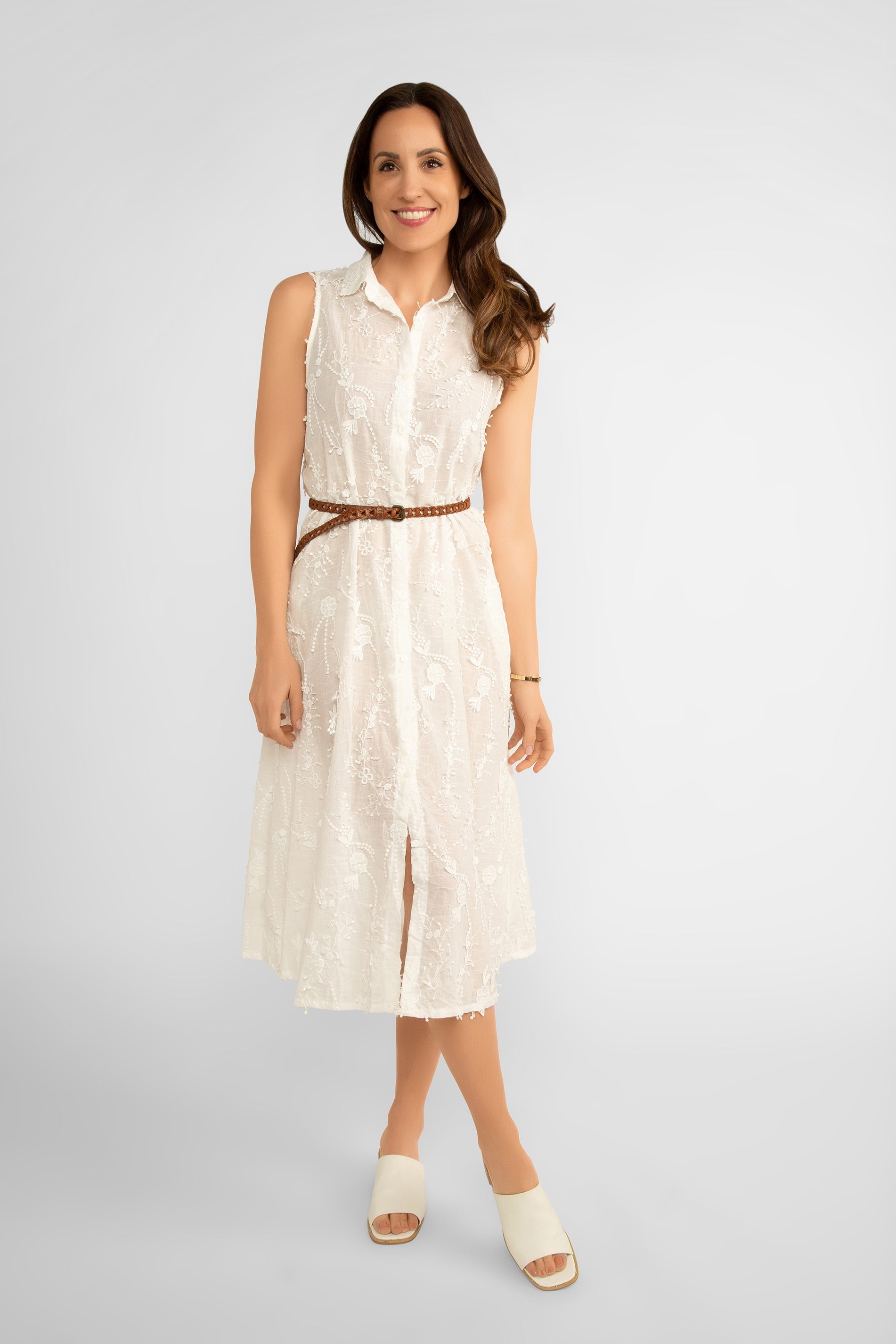 Sleeveless White Embroidered Midi Dress With Pockets