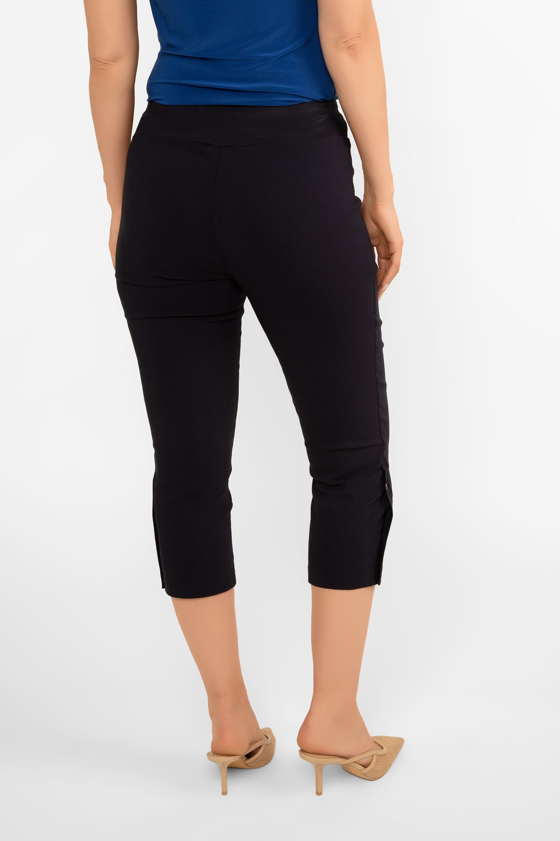 Back view of Picadilly (F M959 PR)  Women's Slim Fit Capris with button trim on hem in Capris  BluePicadilly (F M959 PR Women's Slim Fit Capris with button trim on hem in Navy