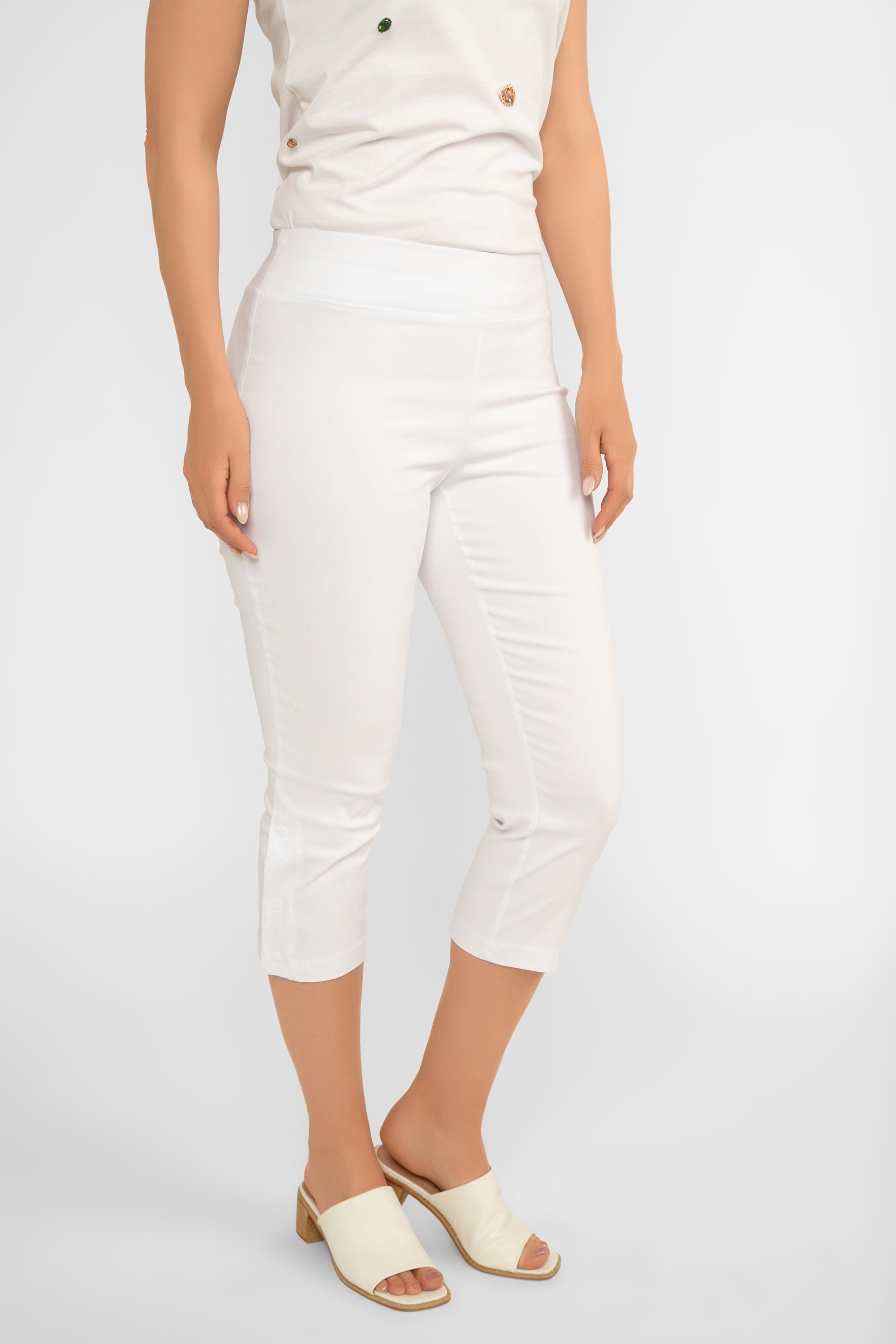 Picadilly (F M959 PR)  Women's Slim Fit Capris with button trim on hem in Capris  BluePicadilly (F M959 PR Women's Slim Fit Capris with button trim on hem in  White