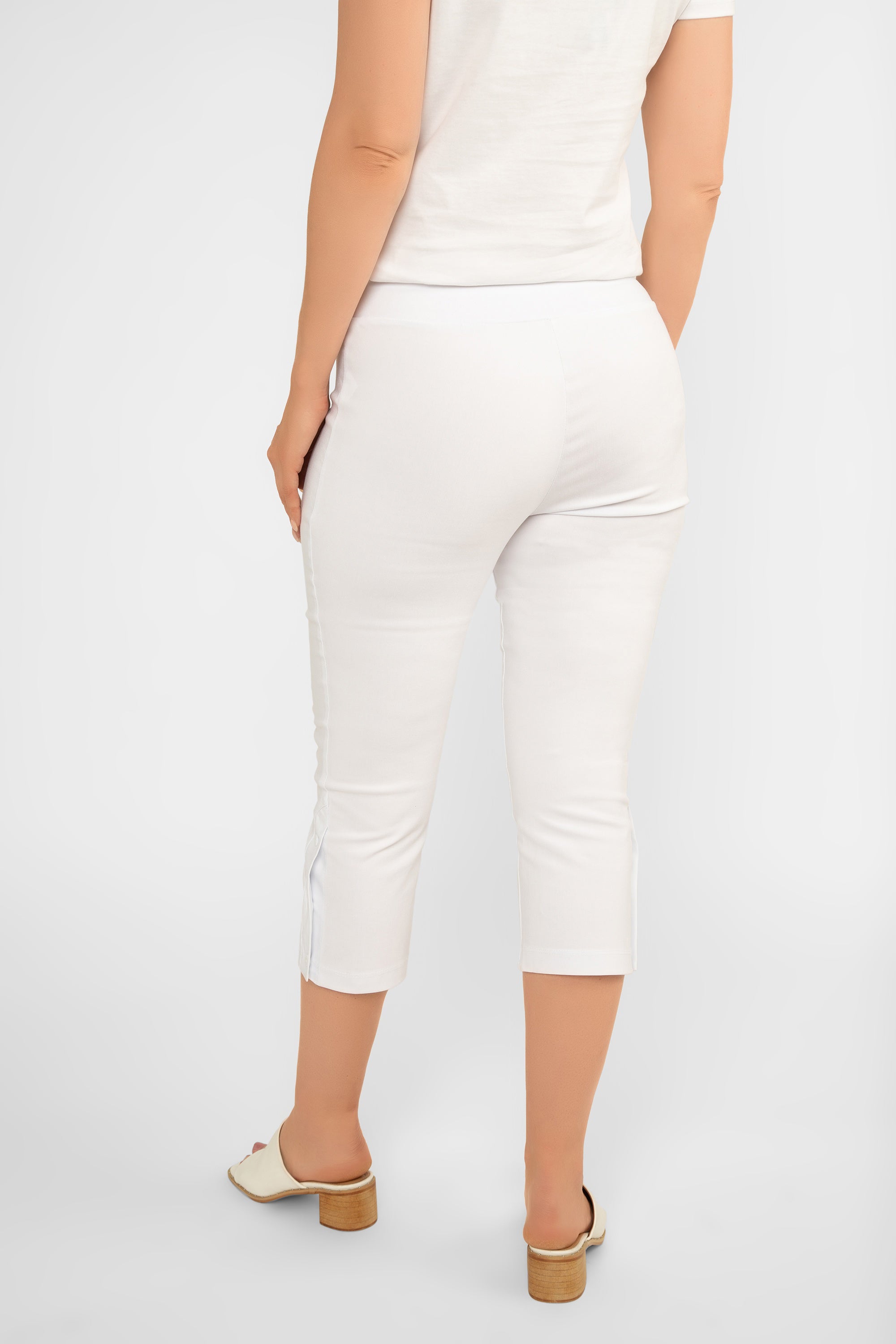 Back view of Picadilly (F M959 PR)  Women's Slim Fit Capris with button trim on hem in Capris  BluePicadilly (F M959 PR Women's Slim Fit Capris with button trim on hem in  White
