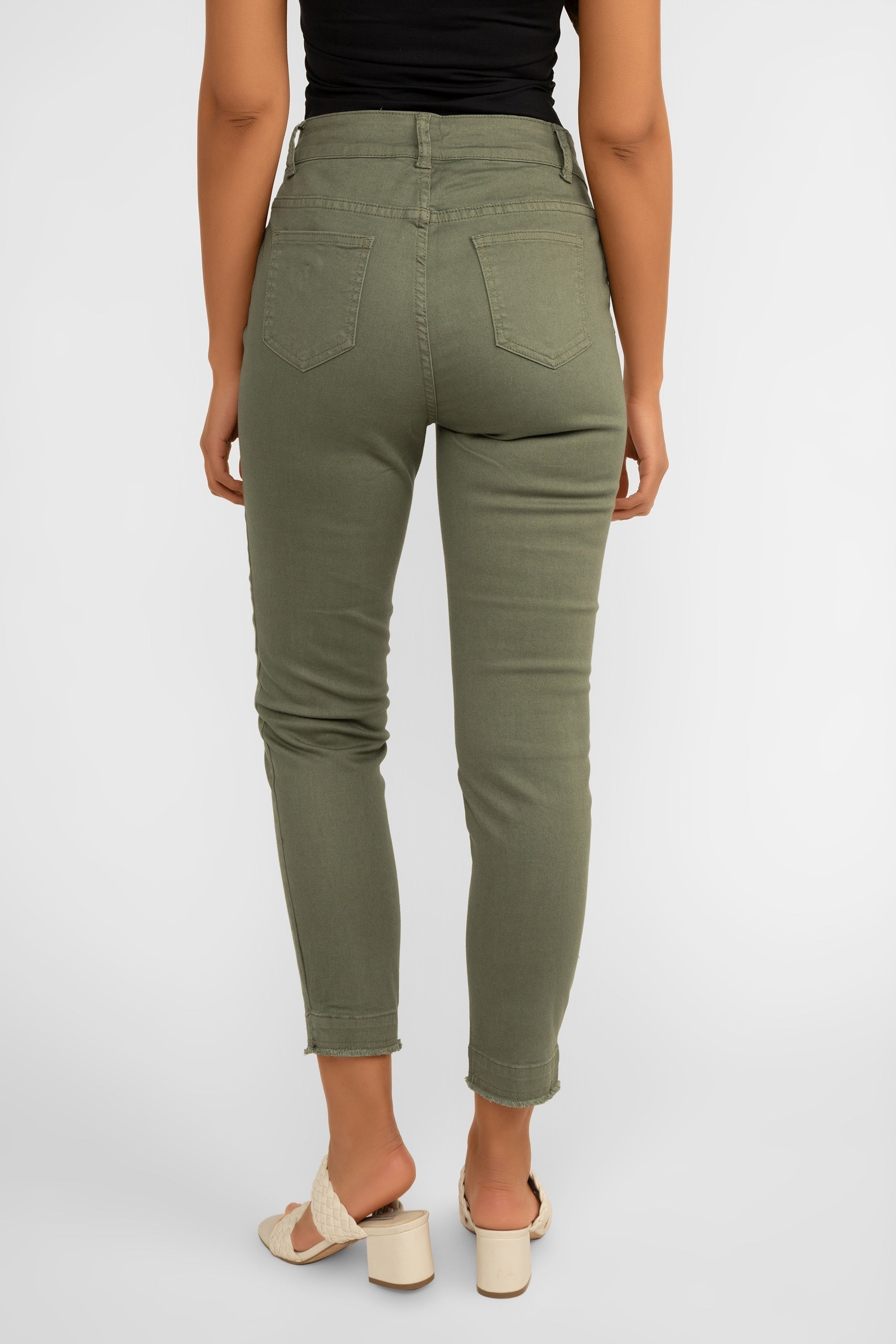 Picadilly (J6051) Women's Slim Fit, Cropped Jeans with Frayed Hem in Khaki Green