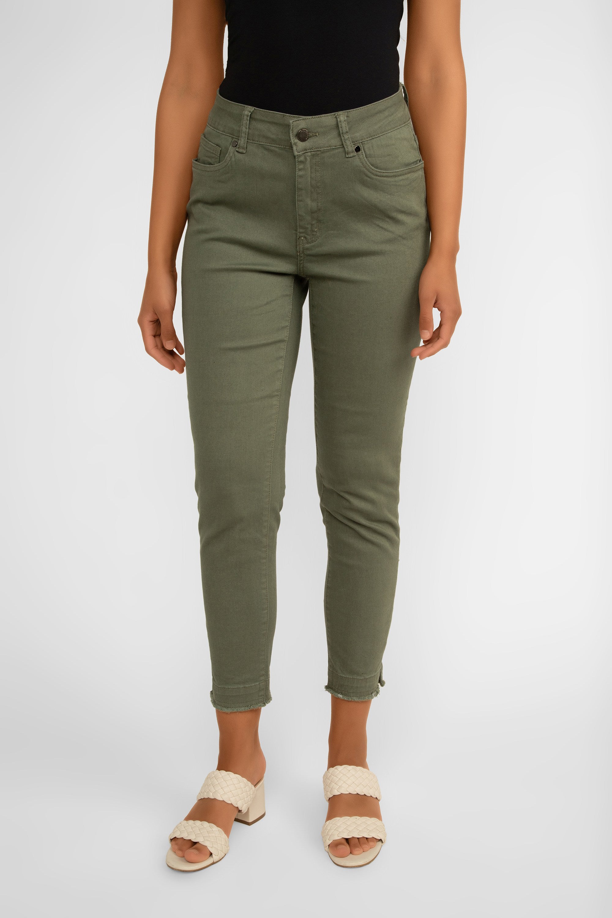 Picadilly (J6051) Women's Slim Fit, Cropped Jeans with Frayed Hem in Khaki Green