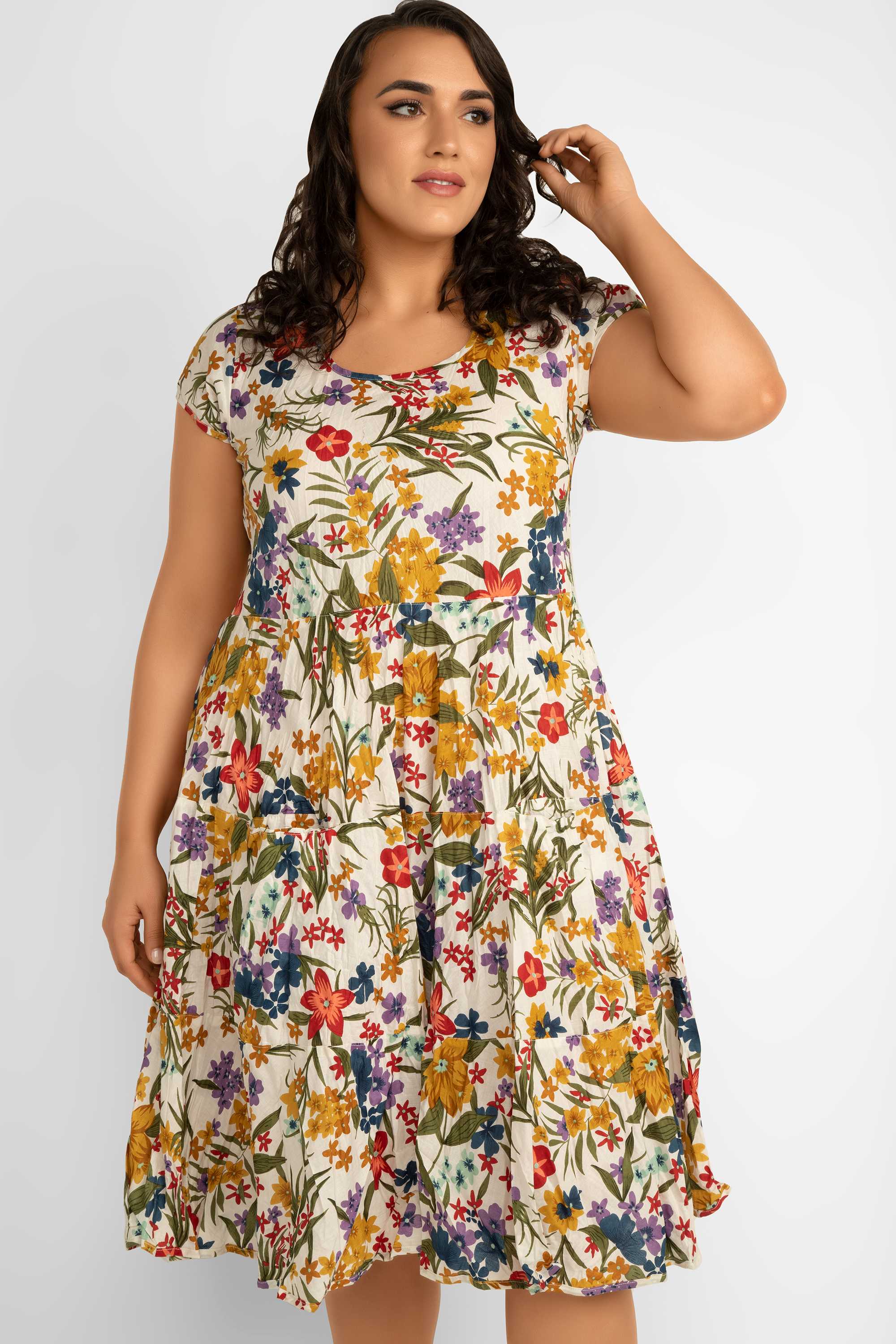 Dress Addict Jade Short Sleeve Round Neck Printed Midi Dress with Pockets  in  Yellow & multicoloured print