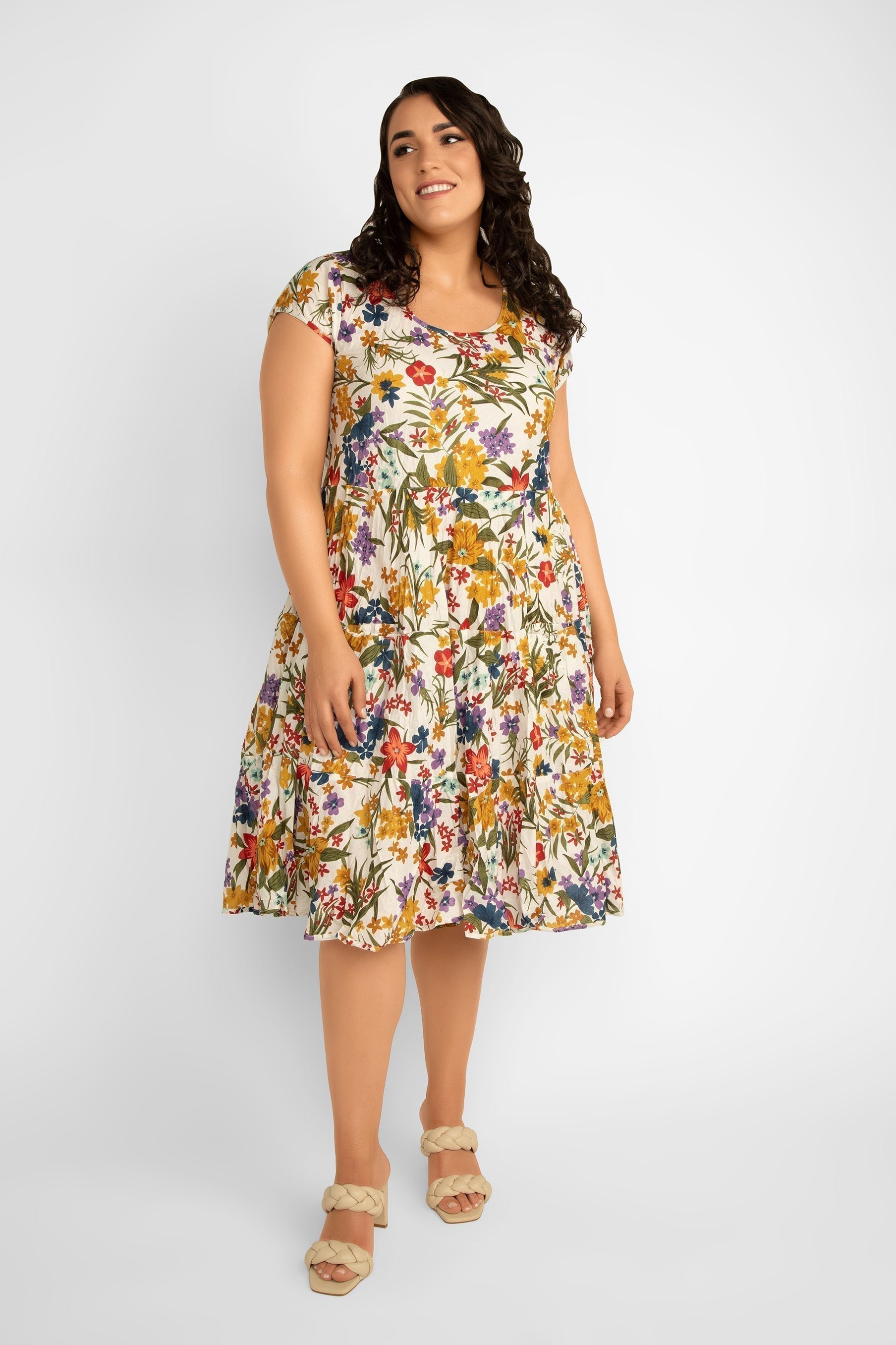 Dress Addict Jade Short Sleeve Round Neck Printed Midi Dress with Pockets  in yellow and multicoloured floral print