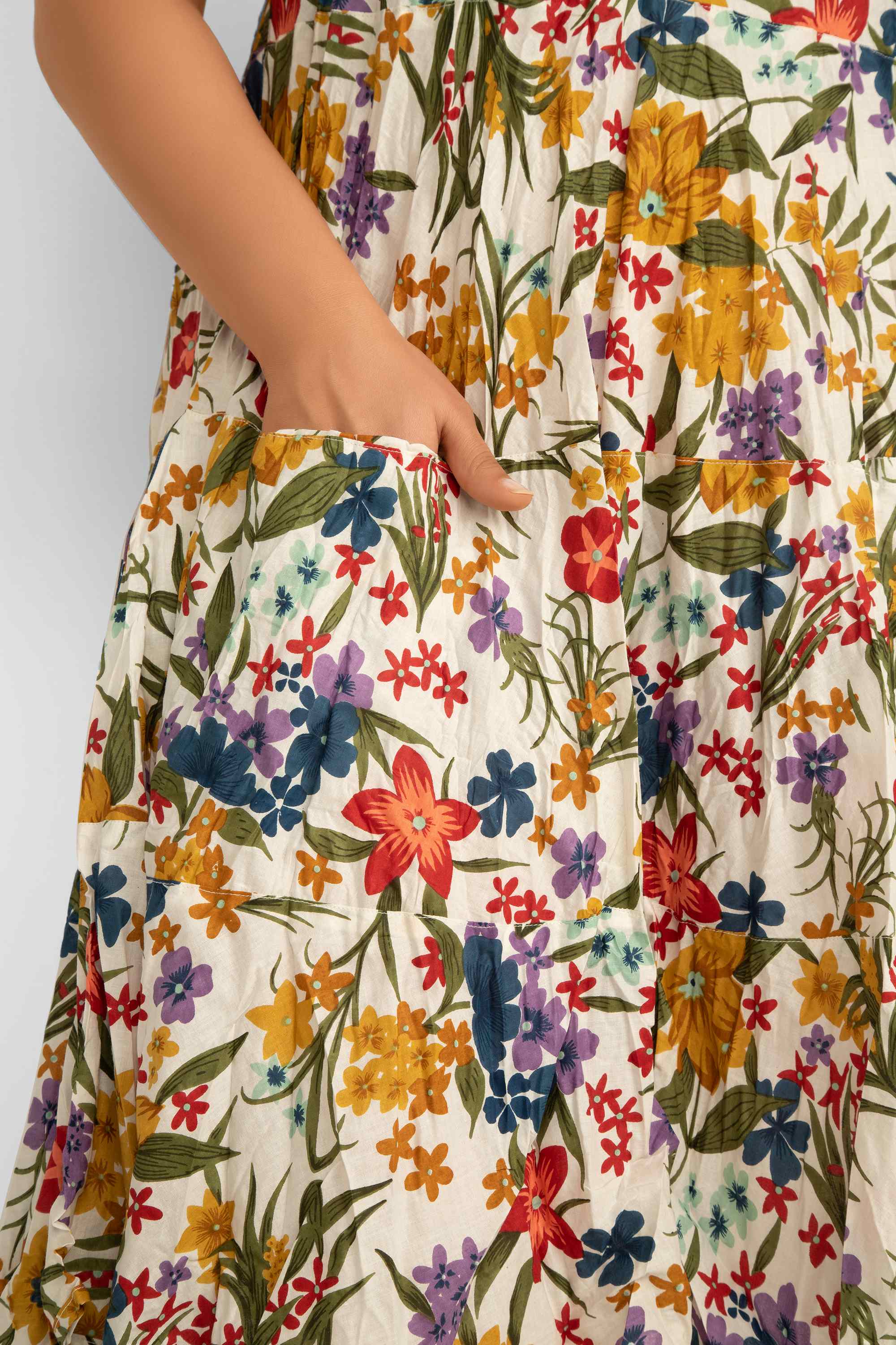 Dress Addict Jade Short Sleeve Round Neck Printed Midi Dress with Pockets  in yellow and multicoloured floral print