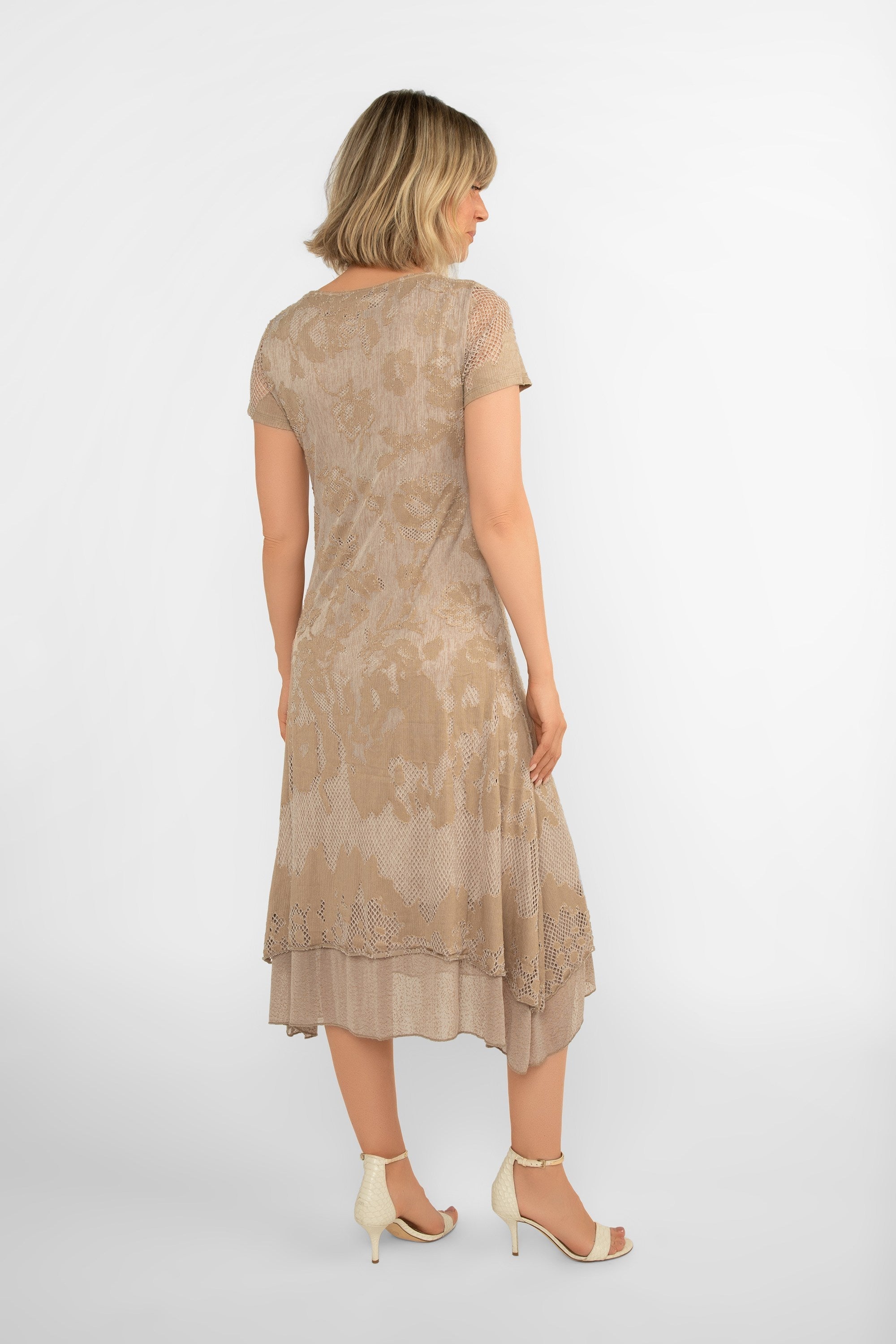 Back view of Picadilly (JC631) Women's Short Sleeve Mesh Jacquard Midi Dress with Pointed Hem in Nougat Beige