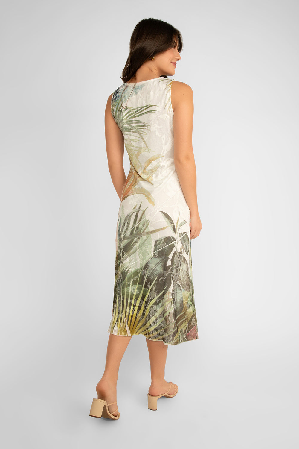 Back view of Picadilly (JC683SK) Women's Sleeveless Jacquard Printed Midi Dress in Artichoke Green Floral Print
