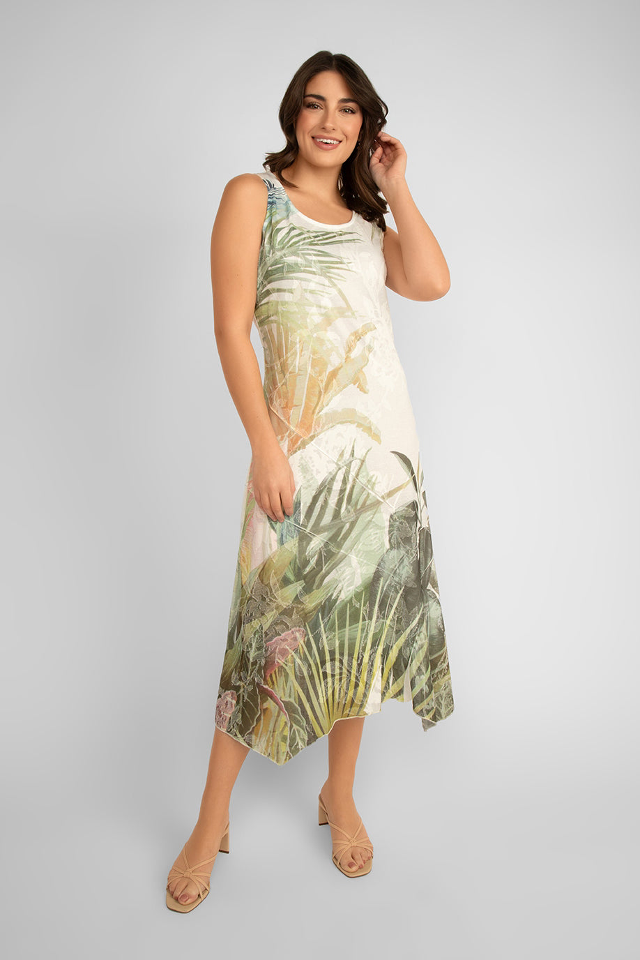 Front view of Picadilly (JC683SK) Women's Sleeveless Jacquard Printed Midi Dress in Artichoke Green Floral Print