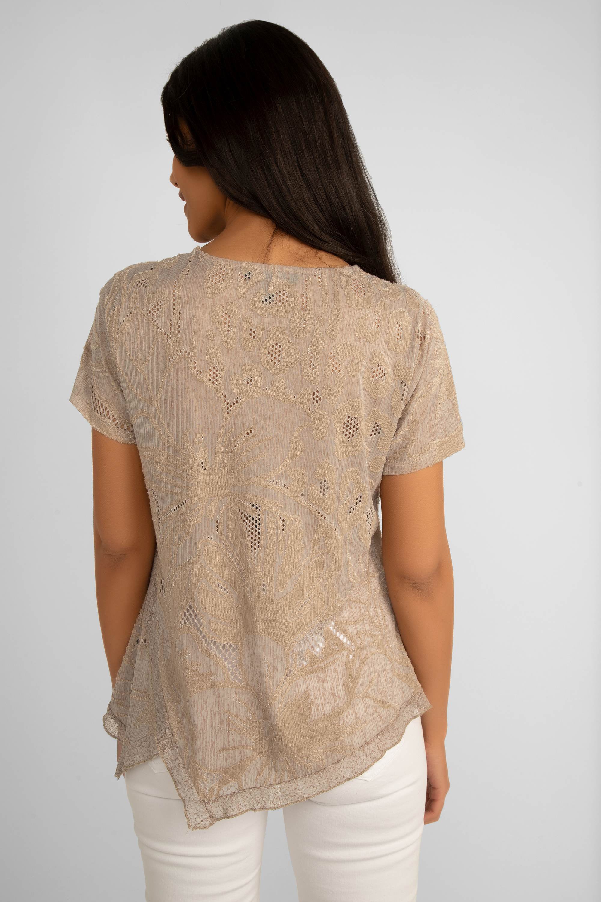 Back view of Picadilly (JC765) Women's Short Sleeeve Assymetrical Hem Mesh Jacquard T-shirt in Nougat - Light Brown