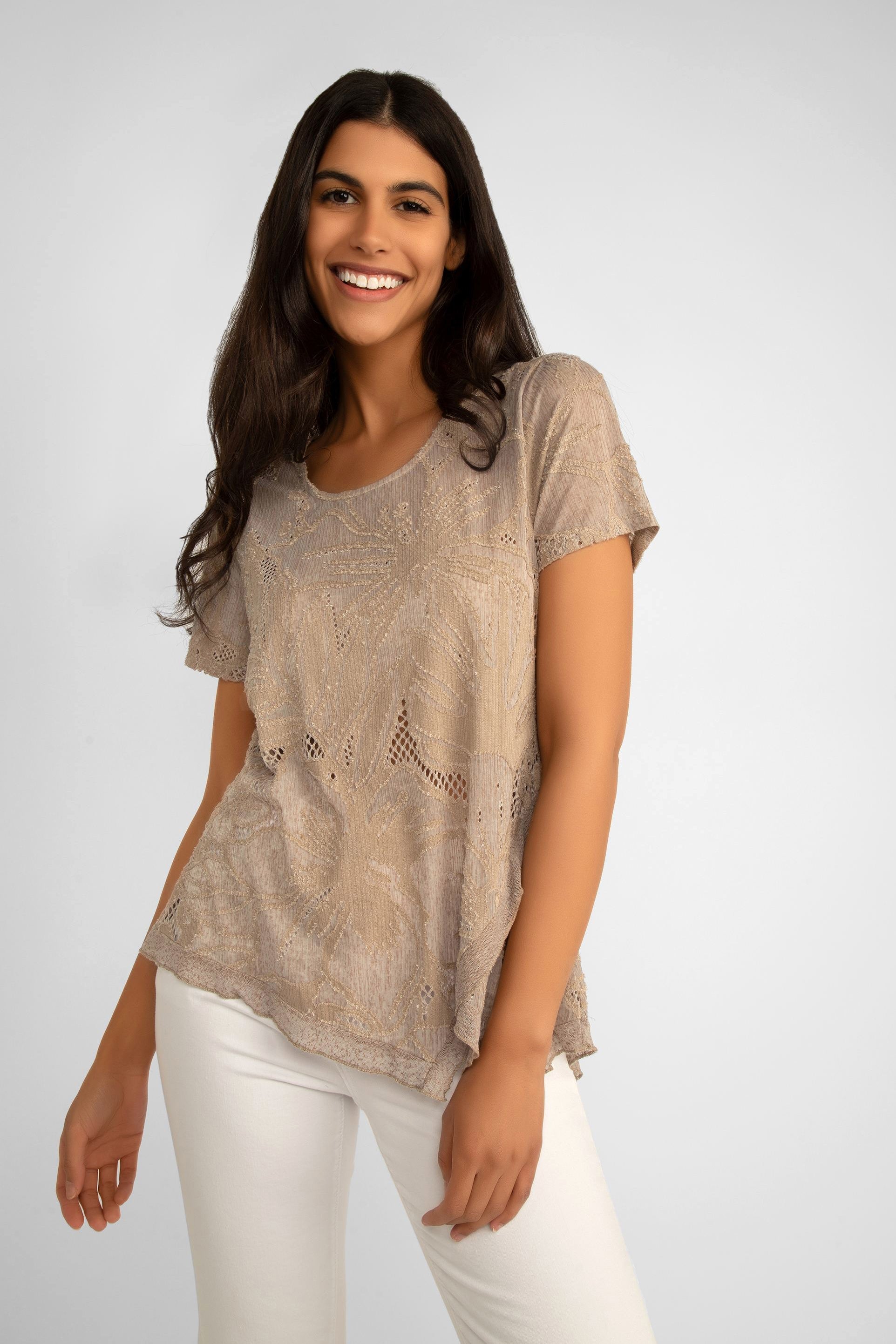 Picadilly (JC765) Women's Short Sleeeve Assymetrical Hem Mesh Jacquard T-shirt in Nougat - Light Brown