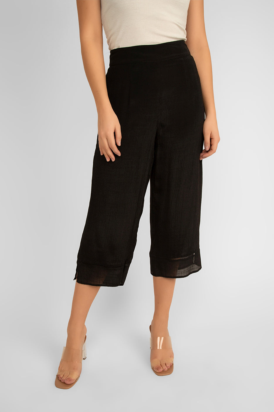 Front view of Picadilly (JM019) Women's Pull on Wide Leg Cropped Pants With Ladder Lace Detail and Slanted hem in BLACK