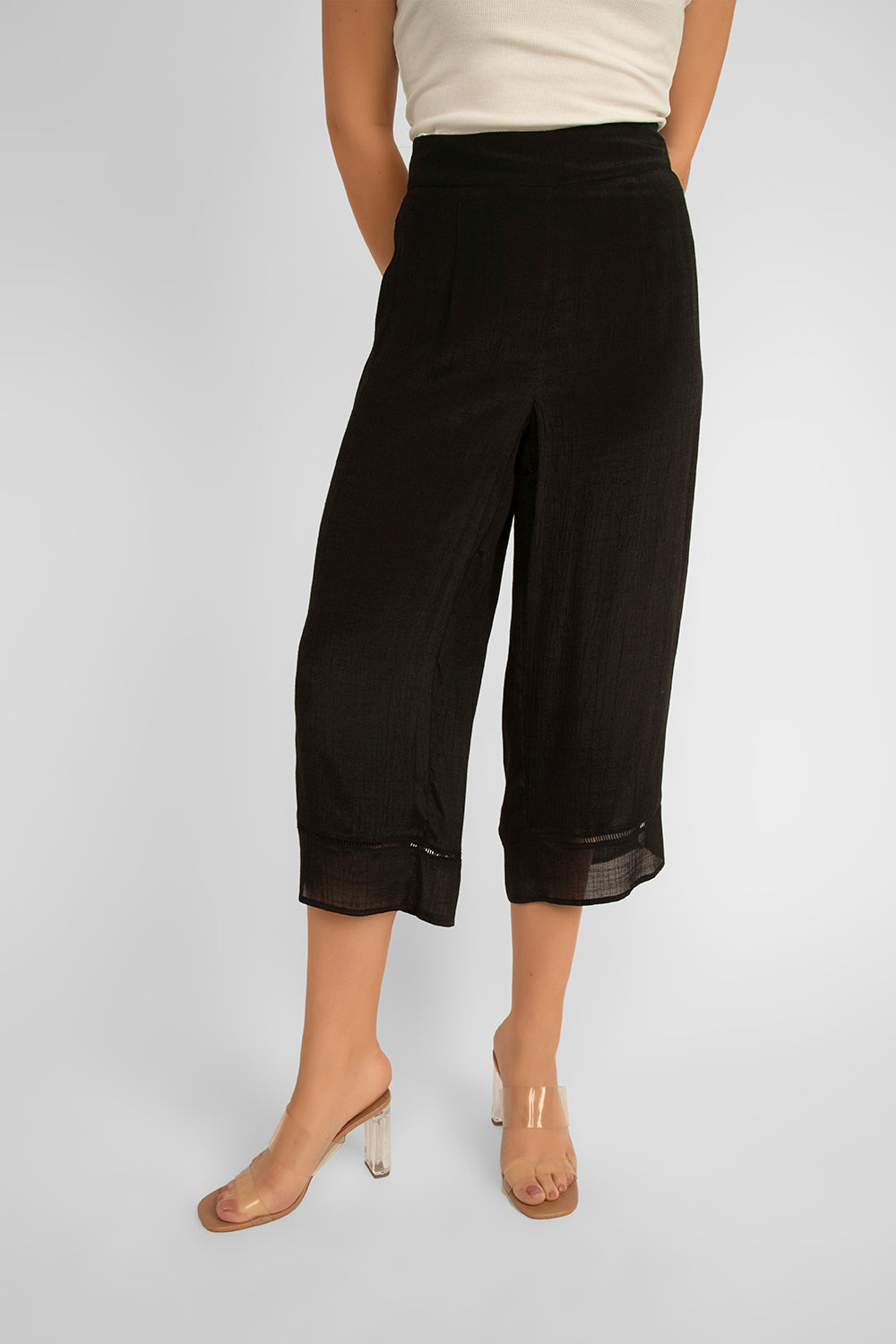 Front view of Picadilly (JM019) Women's Pull on Wide Leg Cropped Pants With Ladder Lace Detail and Slanted hem in BLACK