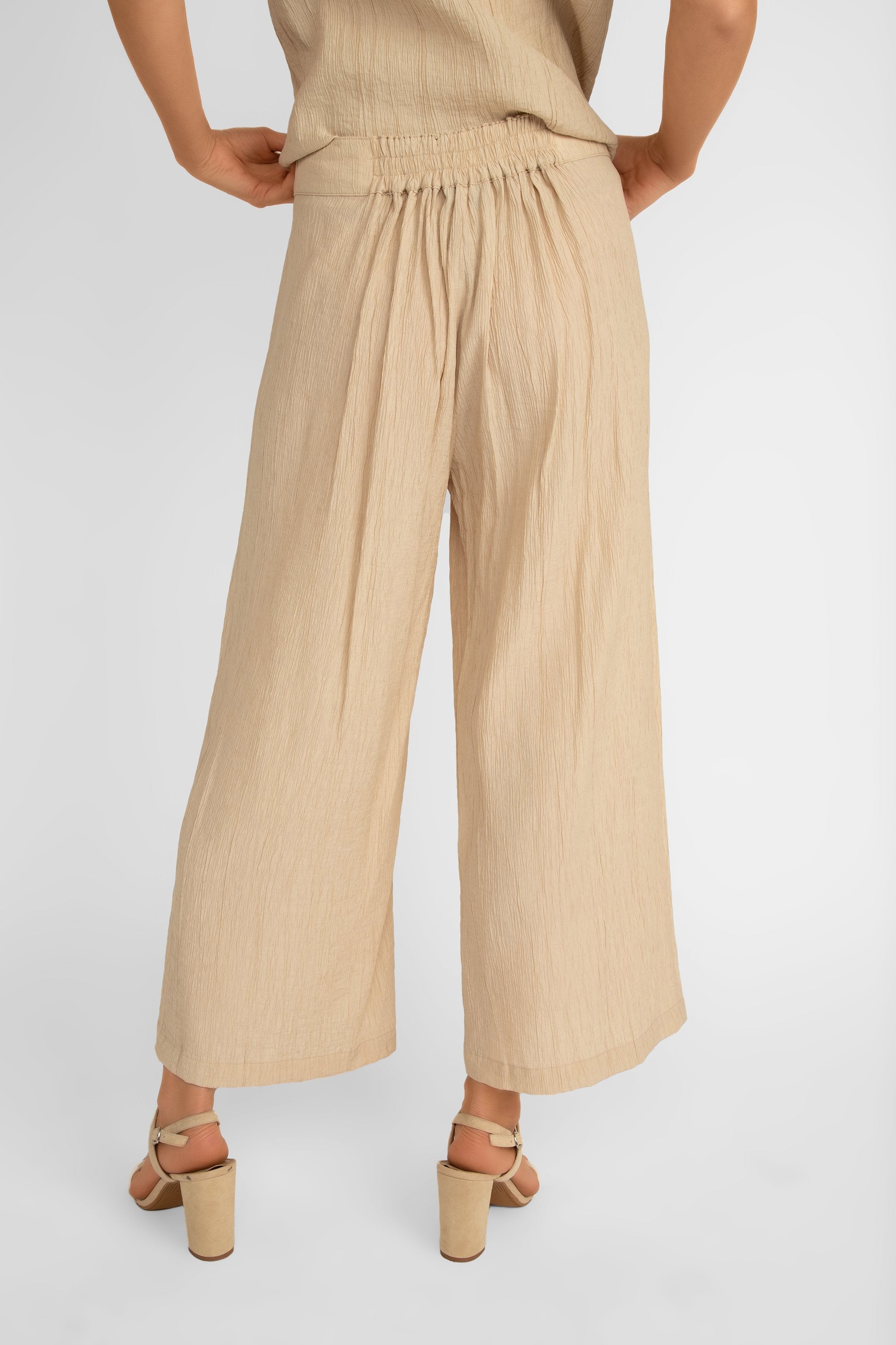 Back view of Picadilly (JM034) Women's High Rise Wide Leg Textured Viscose Pants in Milk tea Beige