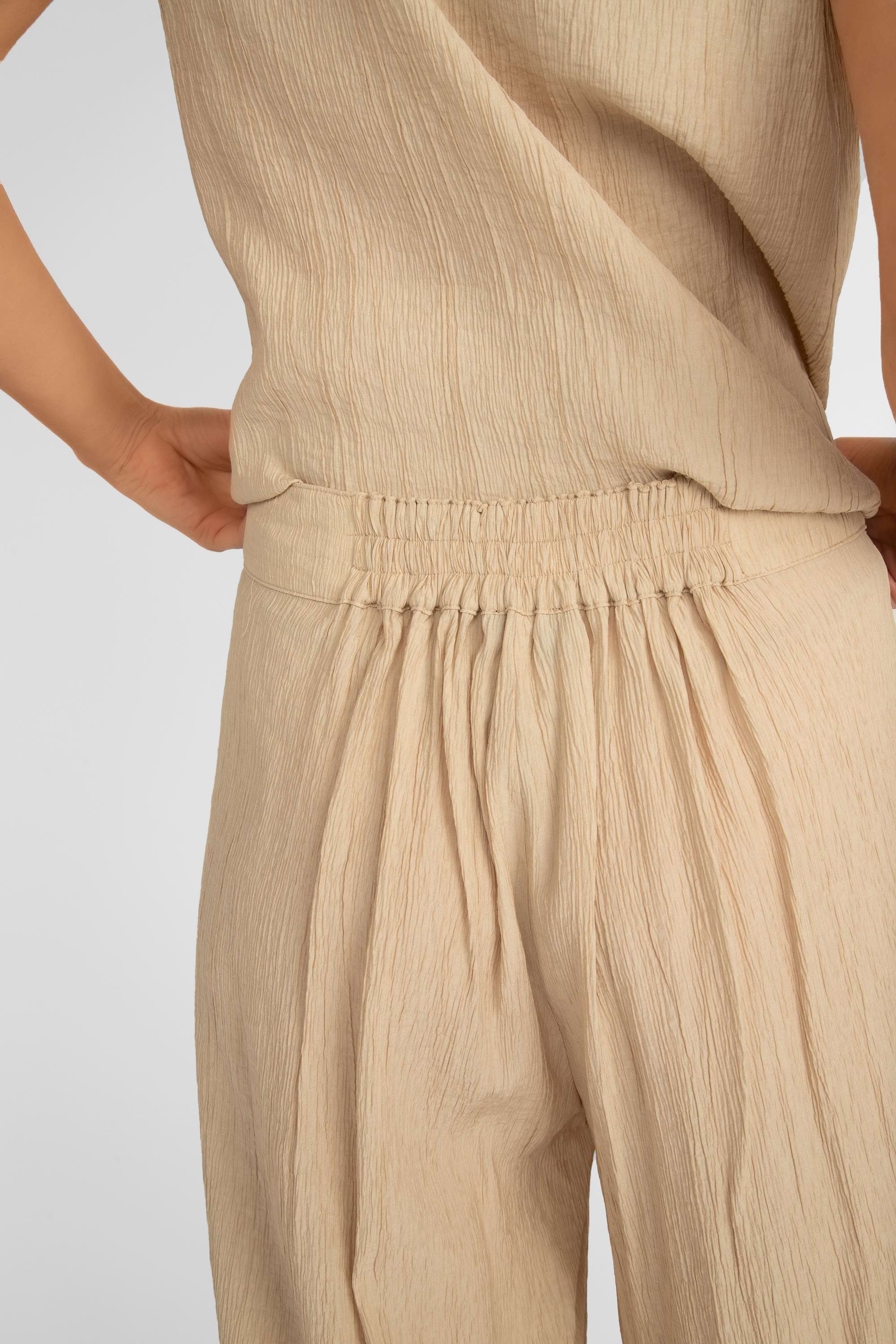 Close up of gathered waist on the back of Picadilly (JM034) Women's High Rise Wide Leg Textured Viscose Pants in Milk tea Beige