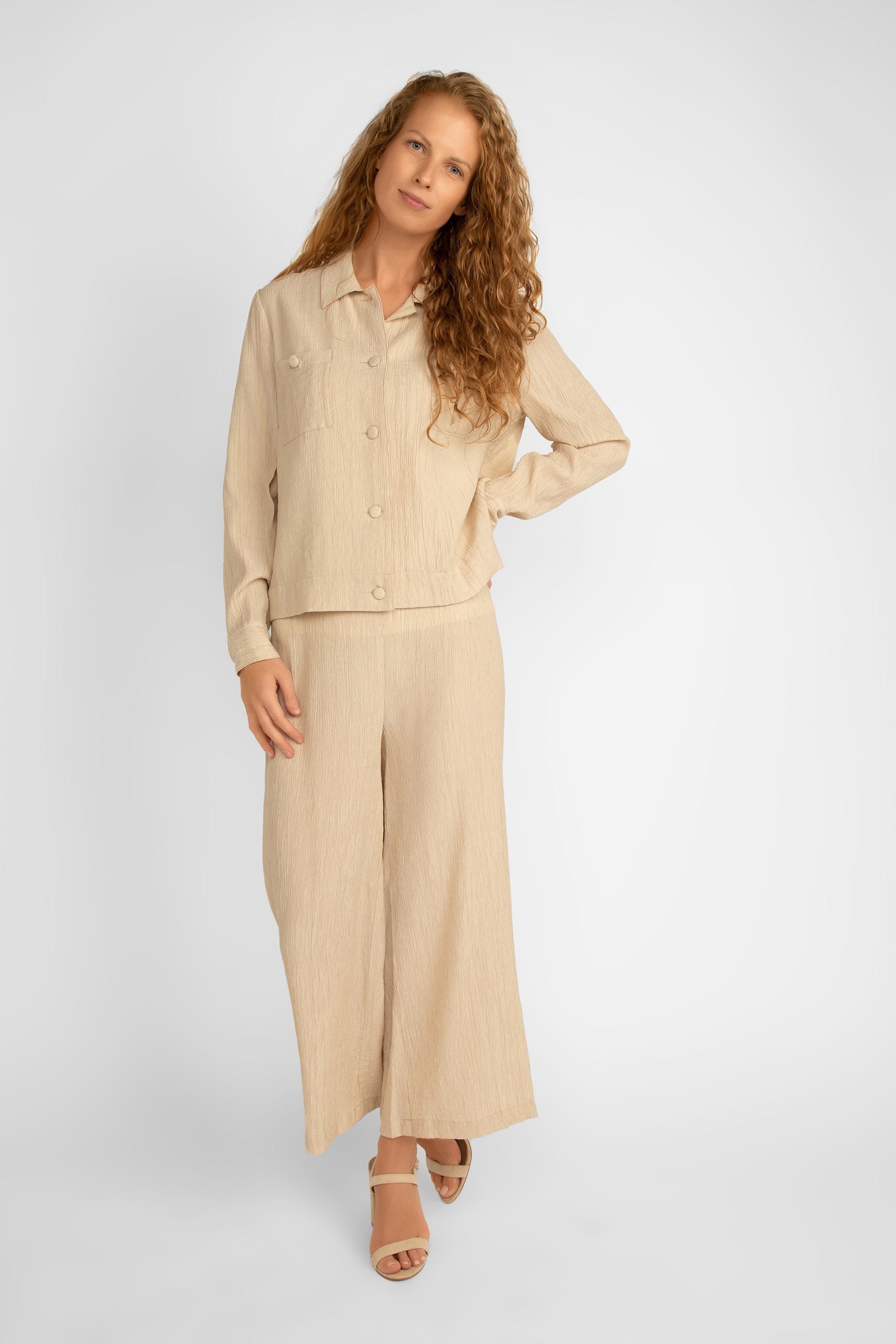 Picadilly (JM581) Women's Long Sleeve Button Front Textured Viscose Jacket in Milk Tea Beige