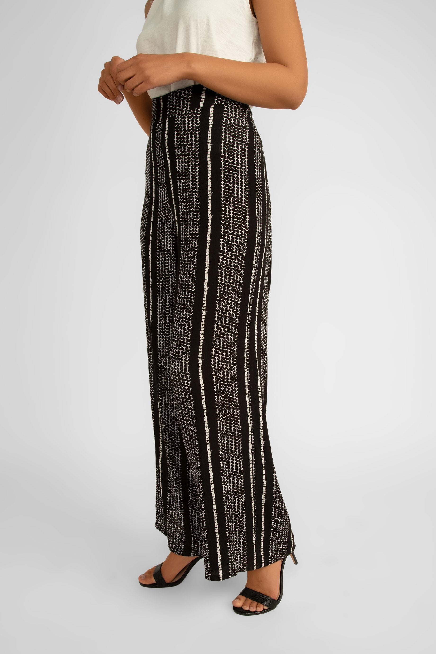 Side view of Picadilly (JM085XN) Women's Black & White High Rise Wide Leg Striped Rayon Pants