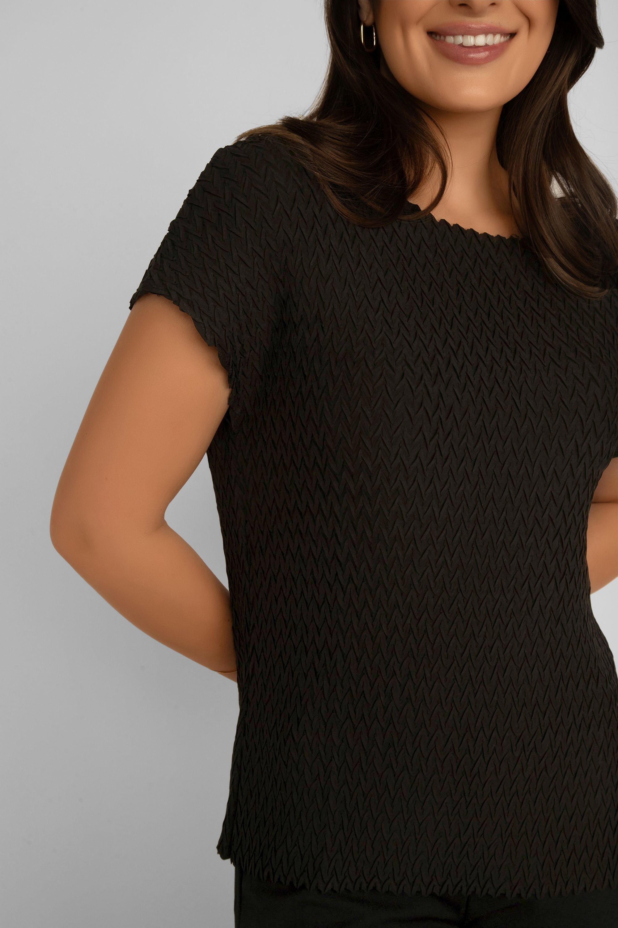 Close up front ivew of Picadilly (JM239) Women's Short Cap Sleeve Pleated Textured Top in Black