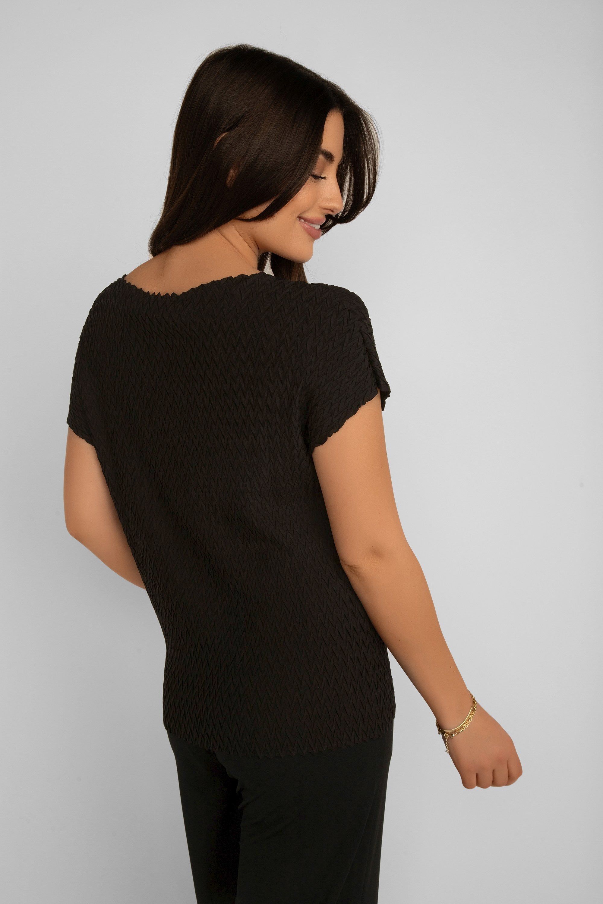 Back view of Picadilly (JM239) Women's Short Cap Sleeve Pleated Textured Top in Black